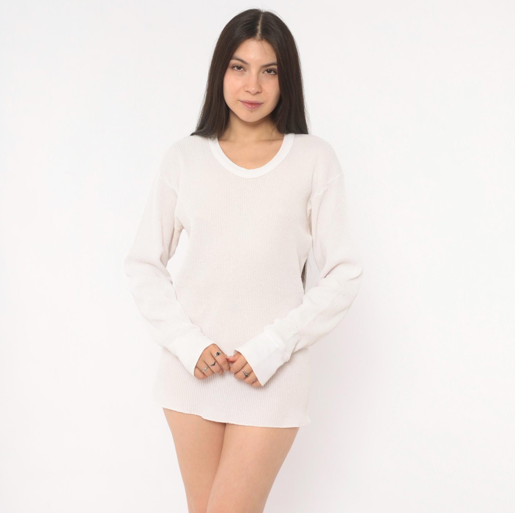 90s Waffle Knit Thermal Ivory Scoop Neck Long Sleeve Cotton Tee Large