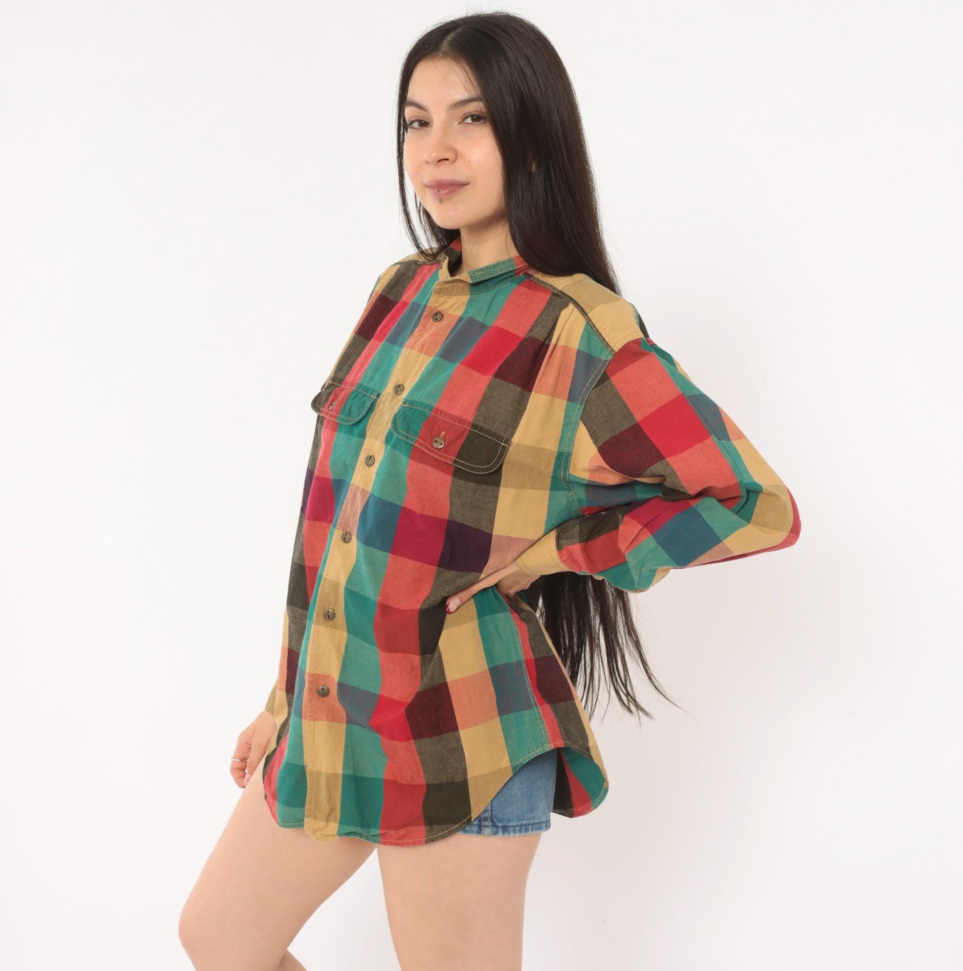 90s Lizwear Plaid Flannel Shirt Button Front Red Teal Cotton Medium