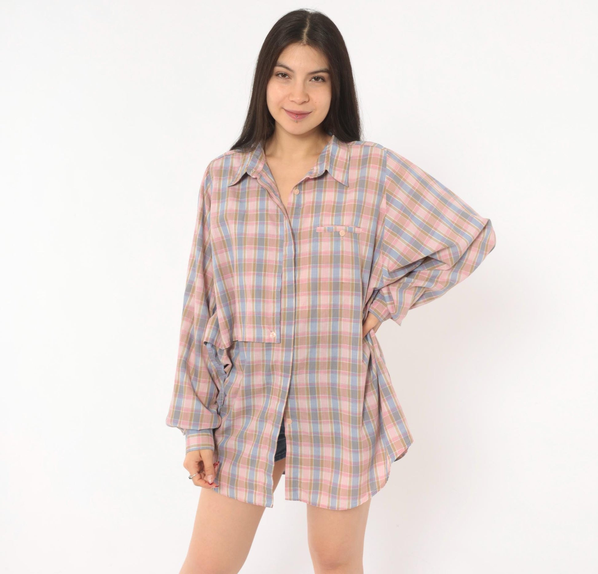 90s Cali Plaid Button Front Shirt Pink Periwinkle Cotton Plus Size 1X