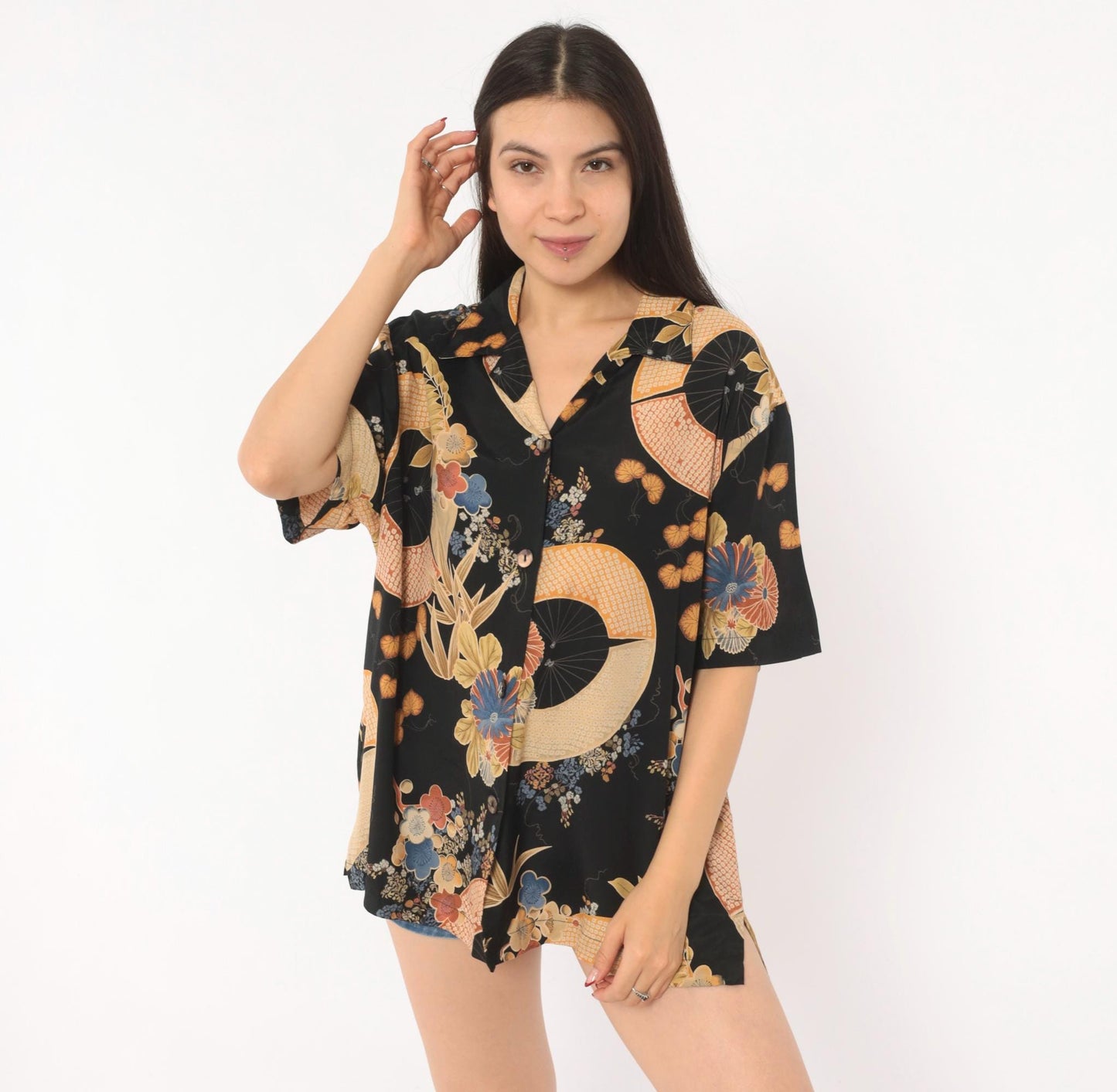 90s Clio Japanese Fan Floral Camp Collar Blouse Black Gold Rayon Large L