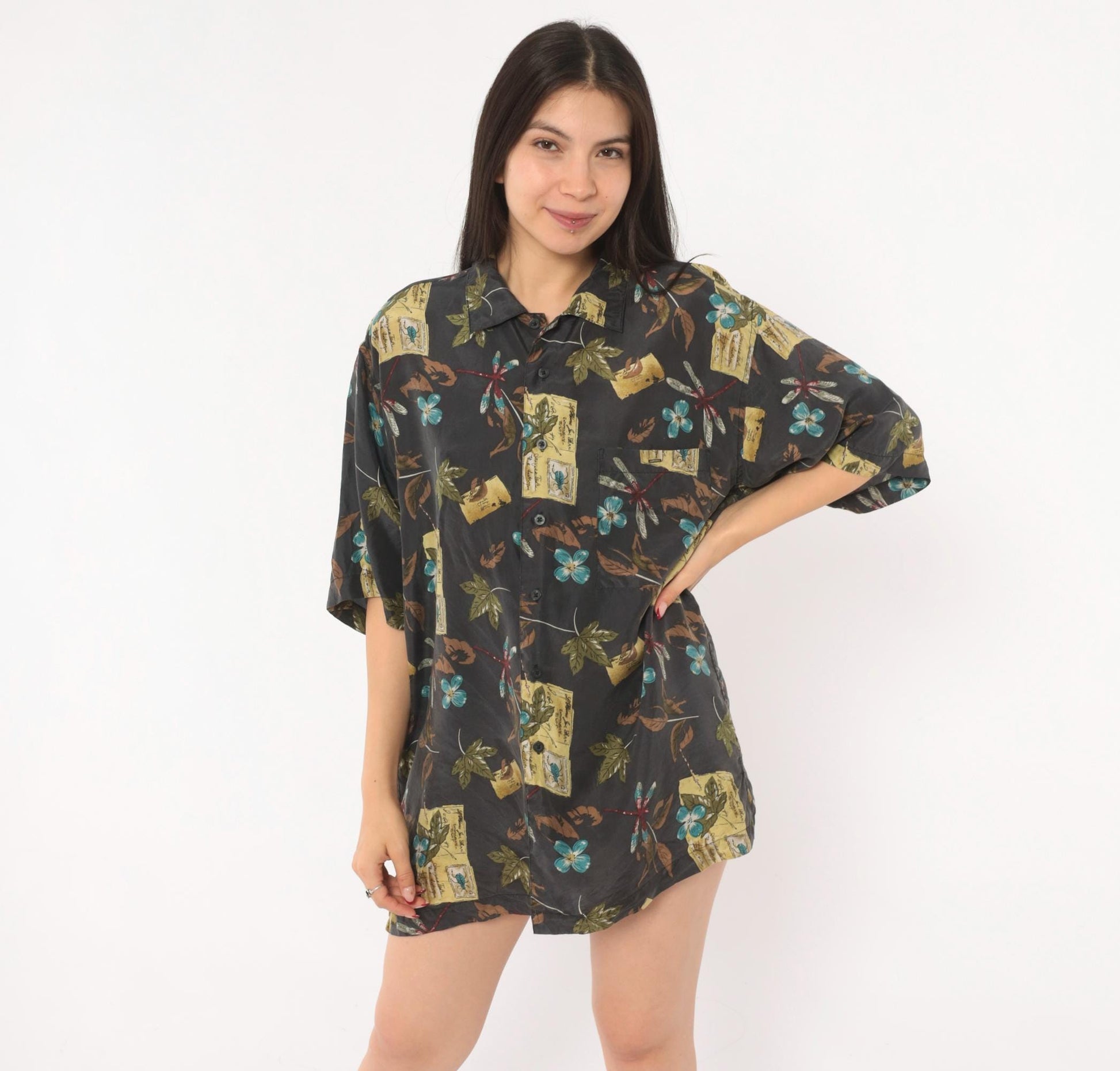 Y2K Firethorn Silk Camp Collar Shirt Dragonfly Botanical Print Teal Medium M