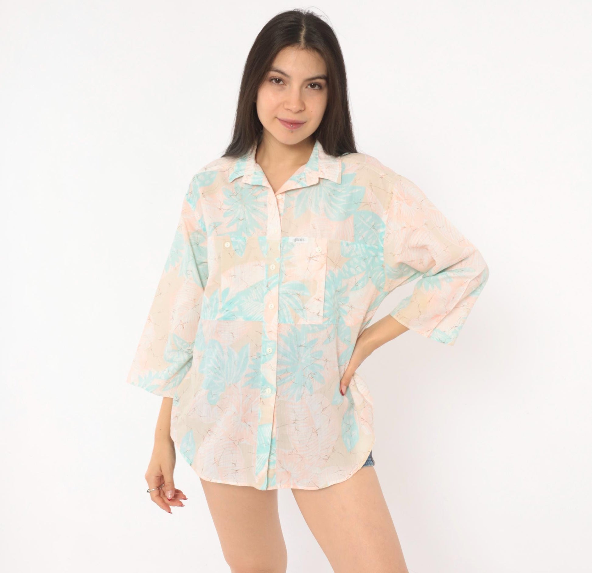 90s Alais Tropical Leaf Camp Collar Shirt Pastel Pink Mint Cotton Medium M