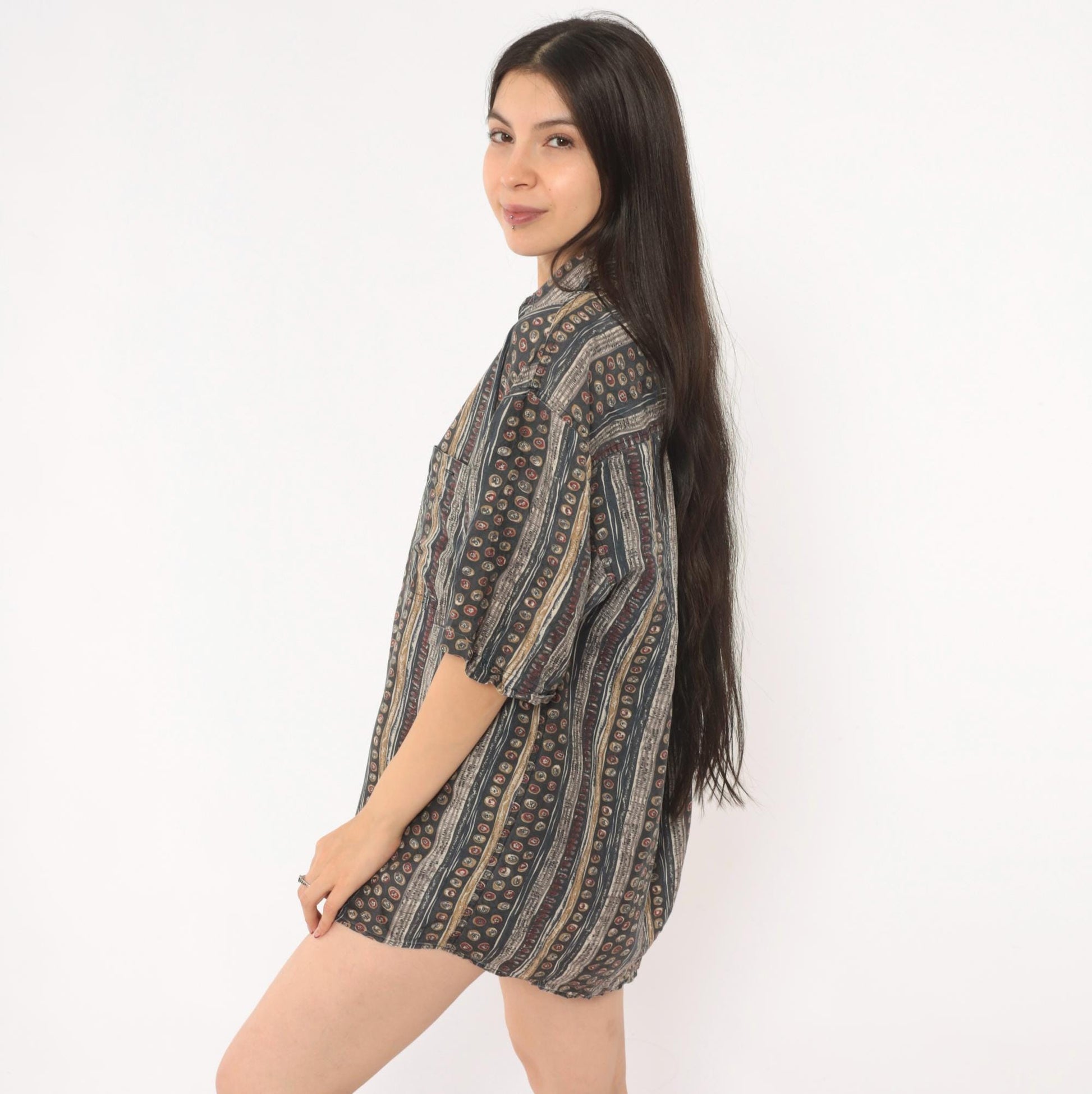 90s Summa Abstract Silk Shirt Grey Burgundy Stripe Camp Collar Small S
