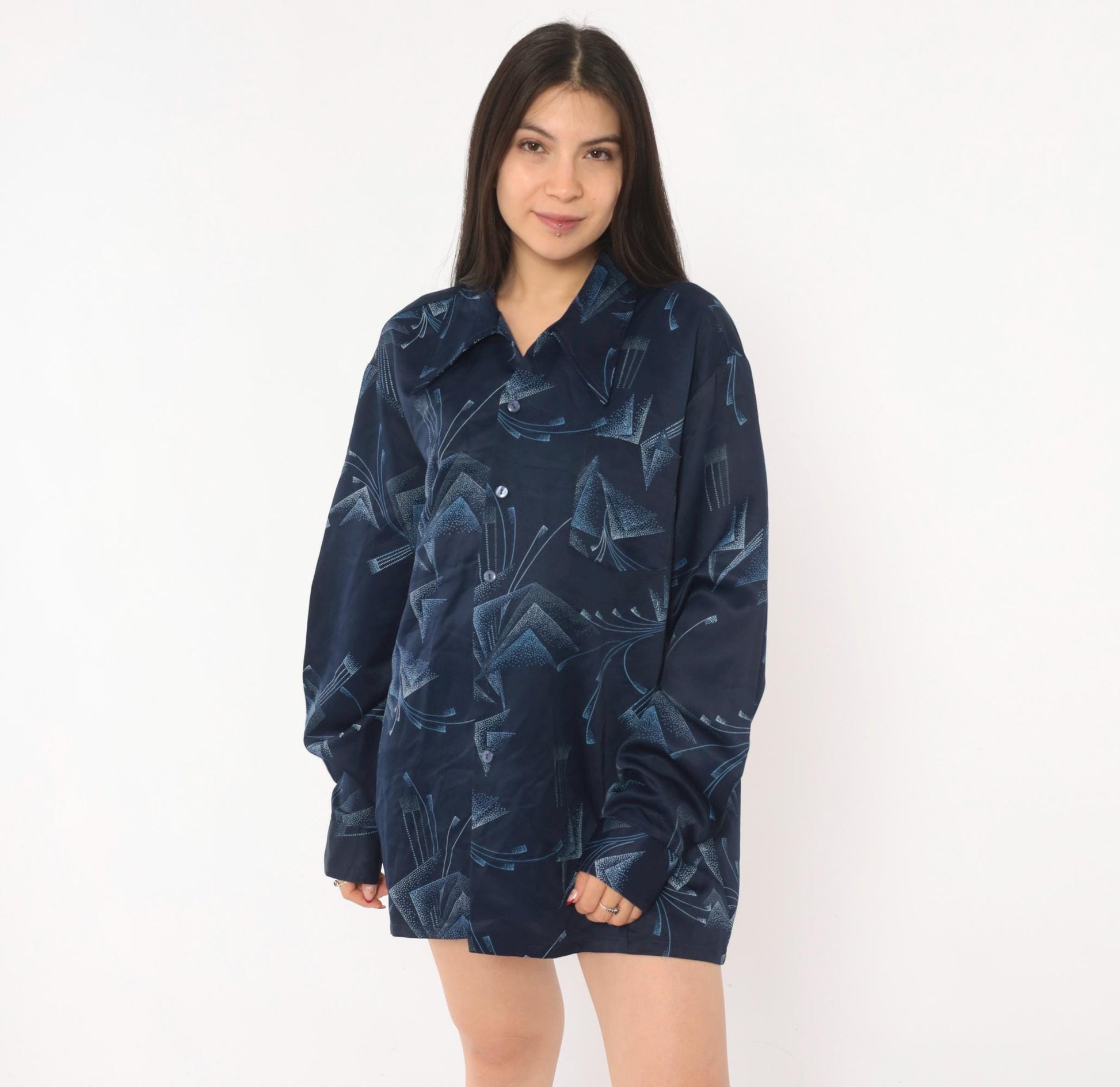 70s Paul Howard Navy Geometric Camp Collar Shirt Abstract Print Large L