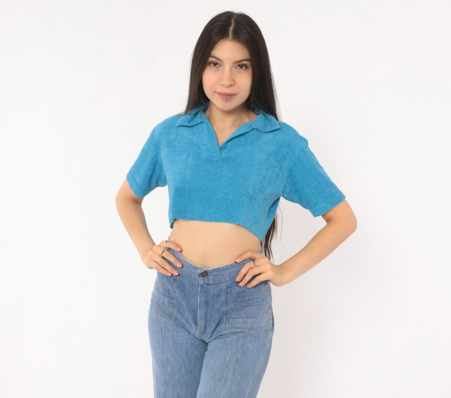 80s Jason Maxwell Terry Cloth Crop Top Blue Polo Collar Small Medium