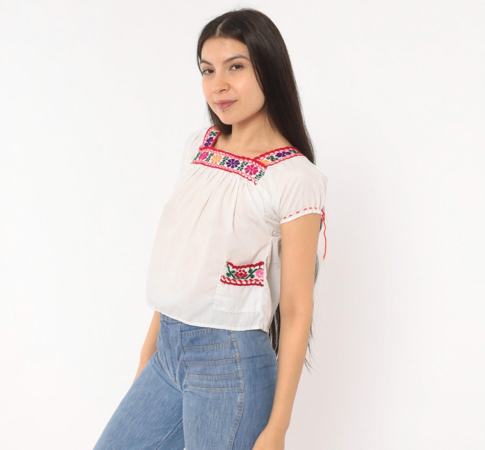 80s Mexican Embroidered Cotton Peasant Blouse White Floral Square Neck Extra Small XS