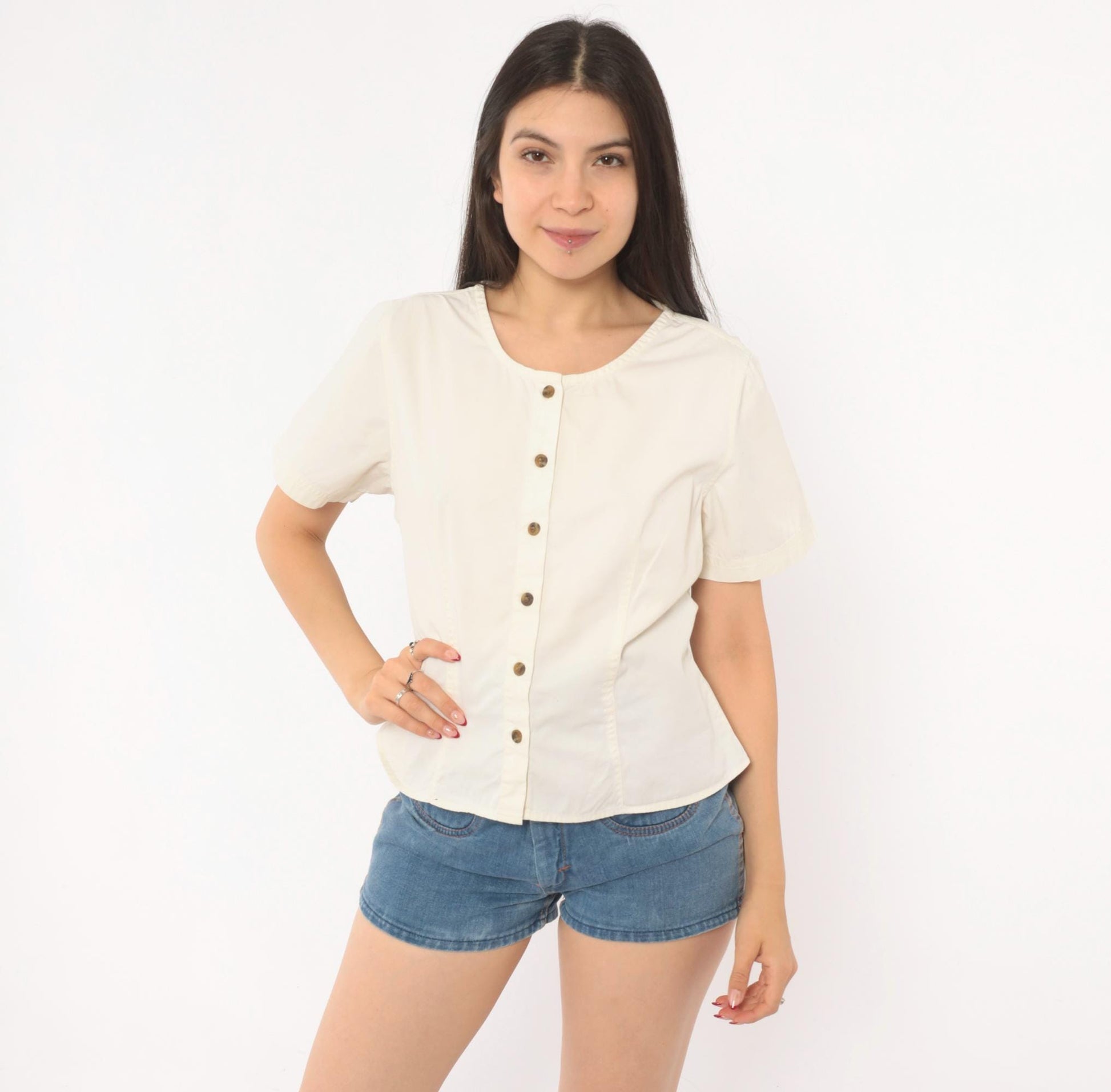Y2K REI Cream Cotton Button-Front Blouse Short Sleeve Small