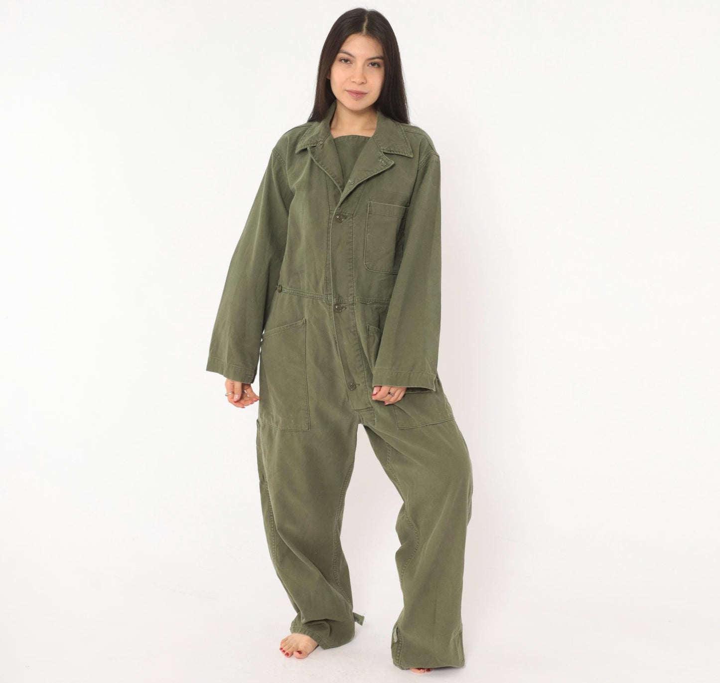 80s Army Olive Cotton Coveralls Button Front Jumpsuit Medium M