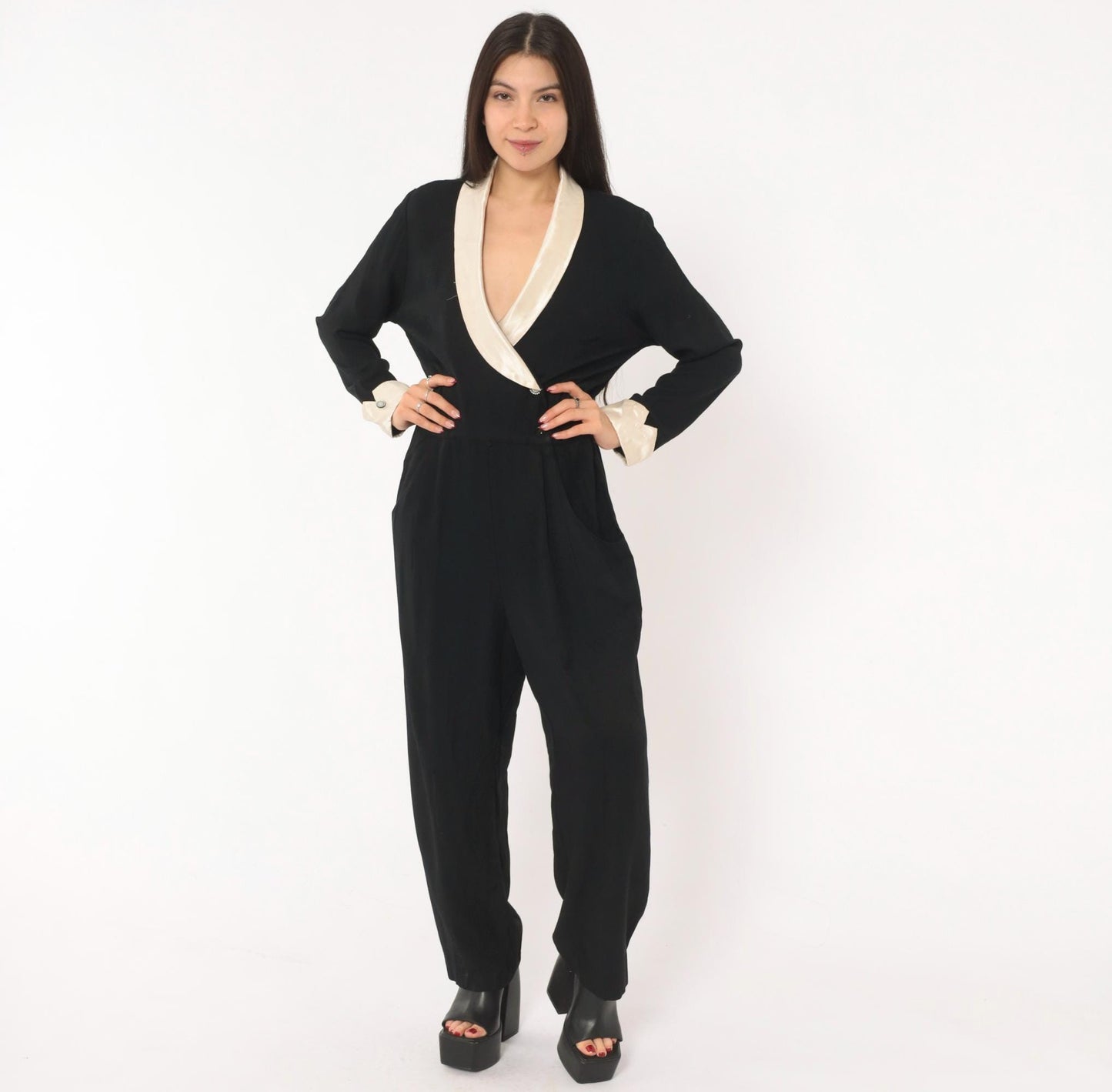 90s RJ & Co Black Jumpsuit Cream Satin Shawl Collar Wrap Front Medium M