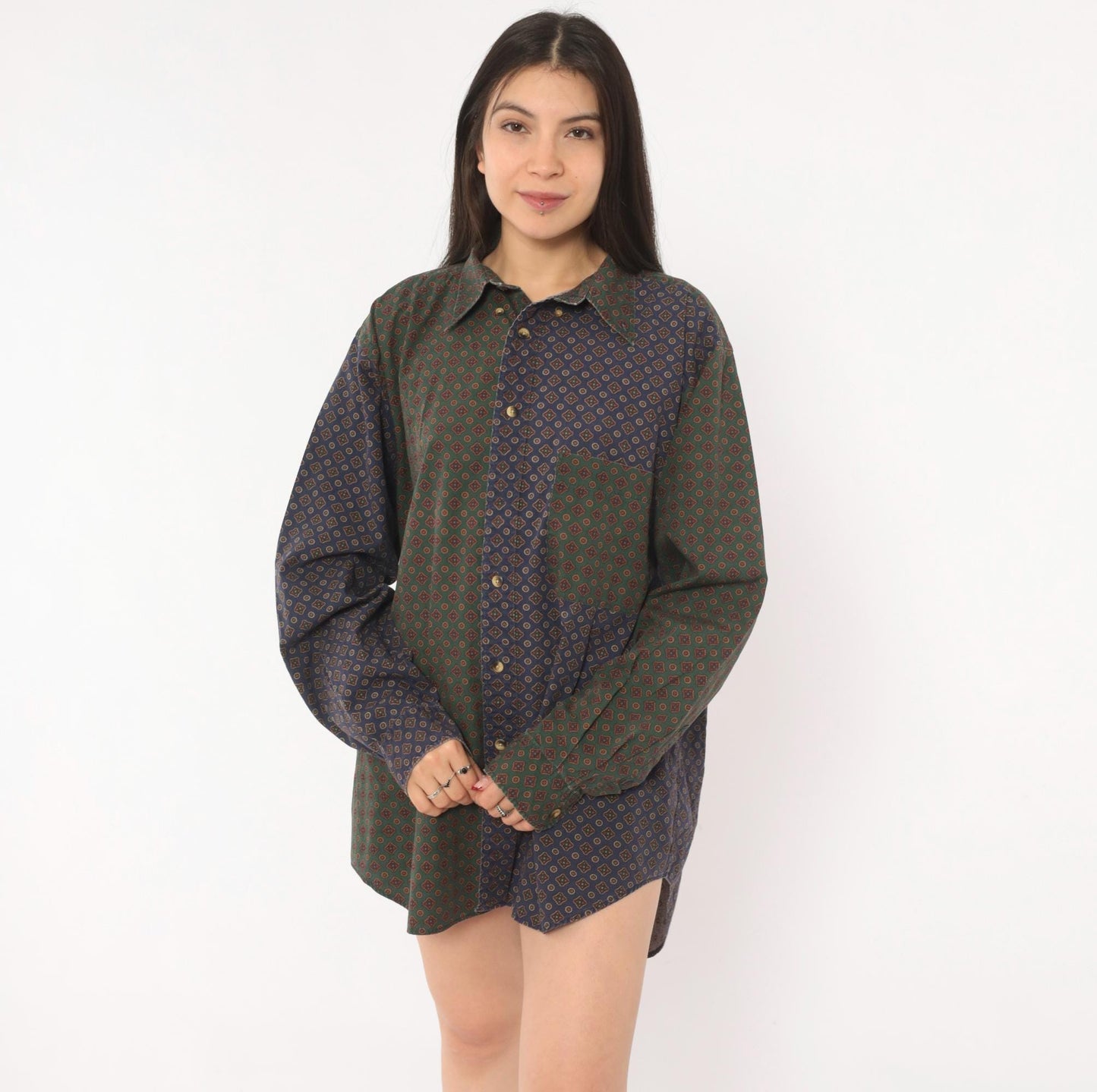 90s Nautica Patchwork Button Shirt Medallion Print Olive Navy Large L