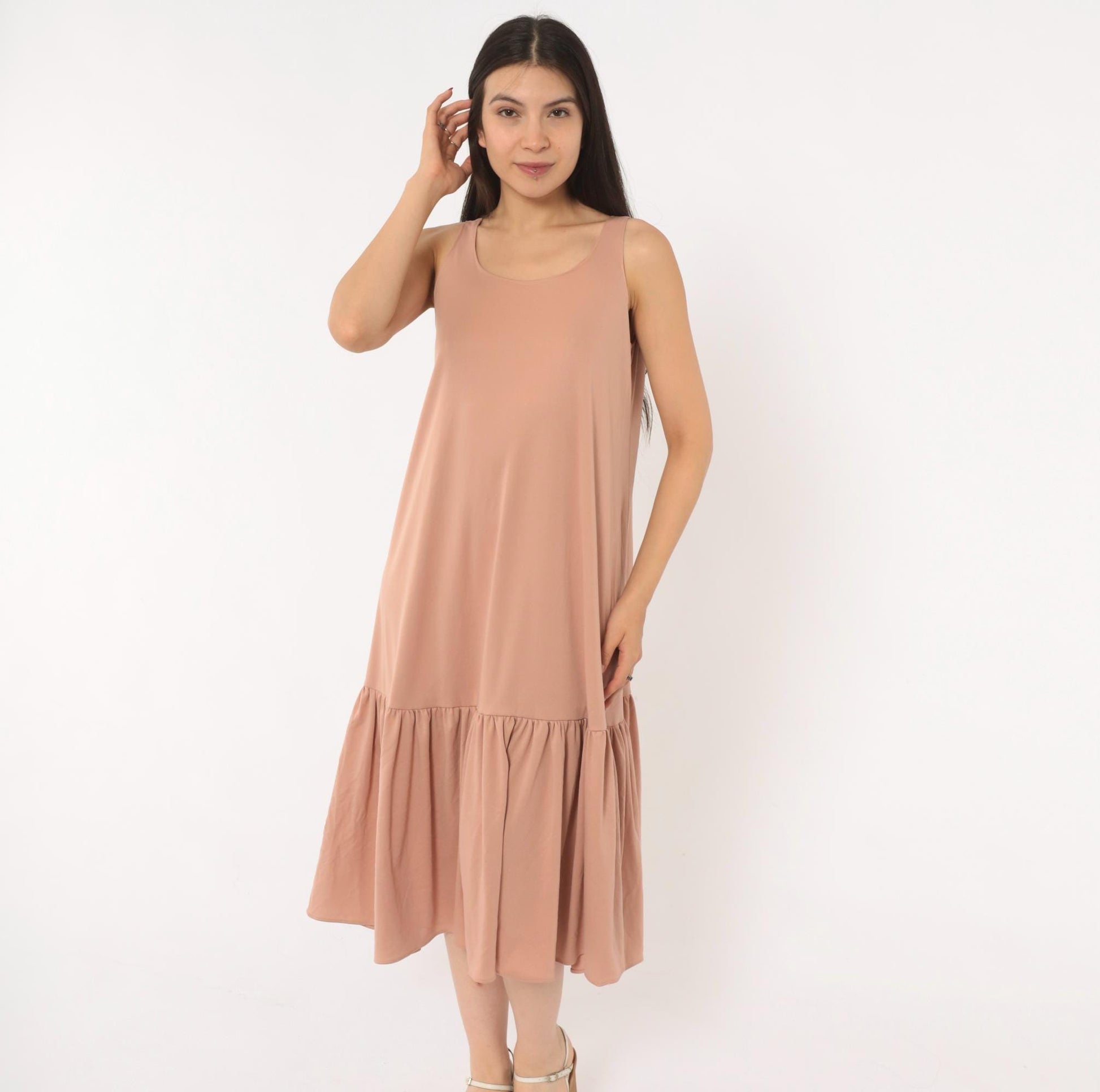 70s Dusty Rose Drop Waist Midi Dress Sleeveless Scoop Neck Tank Medium