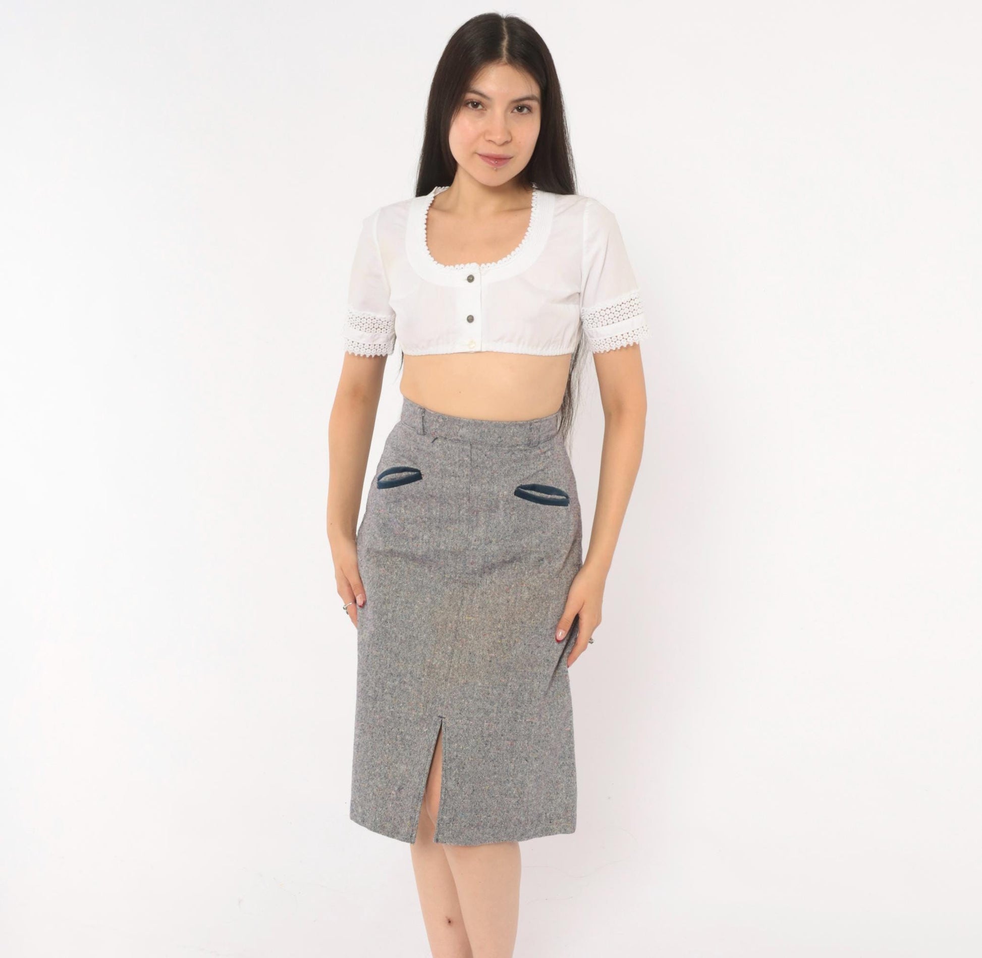 70s Navy Grey Tweed A-Line Skirt High Waist Welt Pocket Wool Blend Extra Small XS