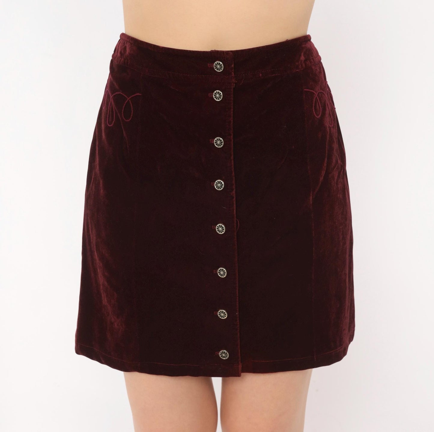 90s Burgundy Velvet Mini Skirt Silver Snap Button Front Embroidered Small