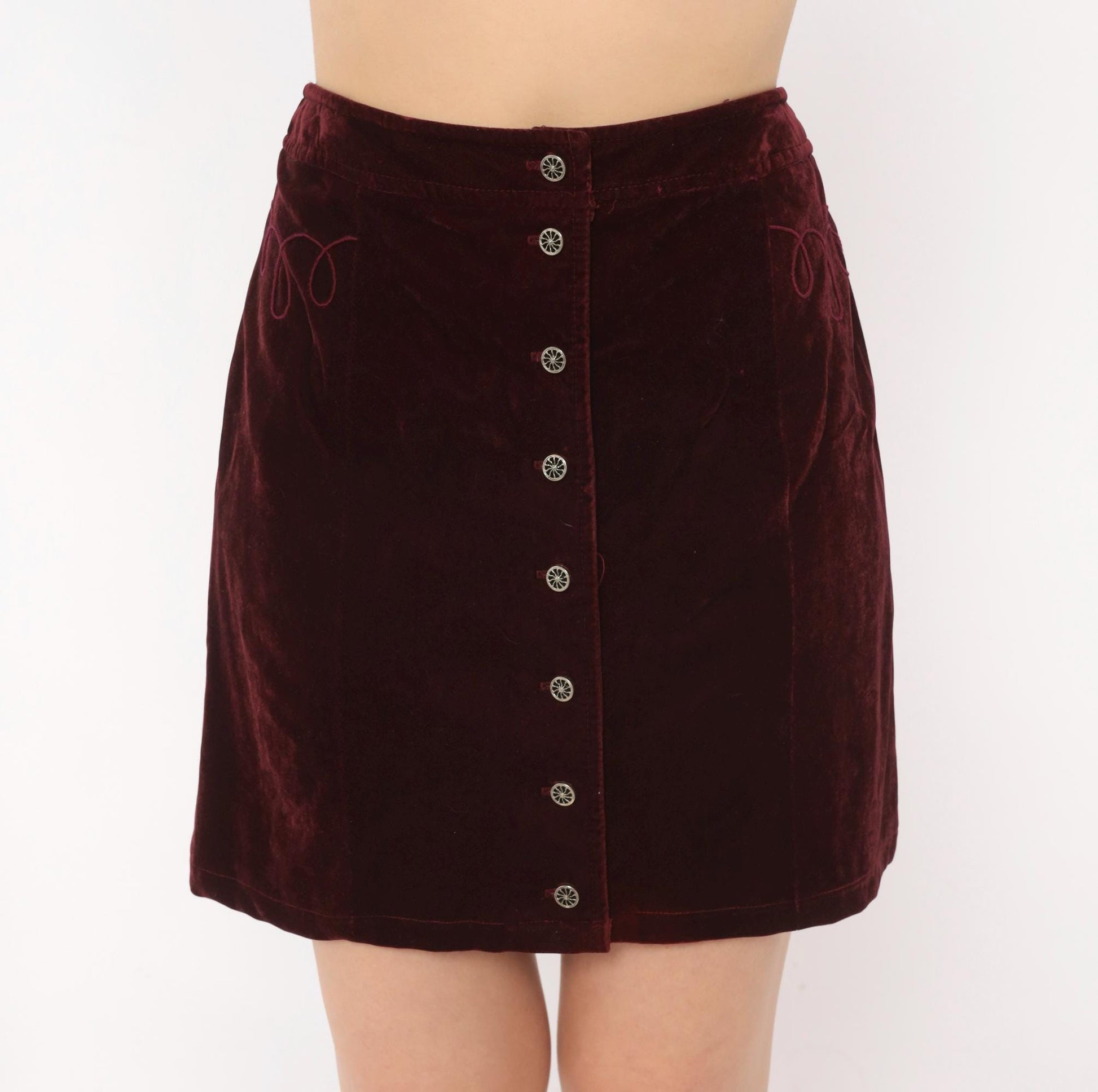 90s Burgundy Velvet Mini Skirt Silver Snap Button Front Embroidered Small