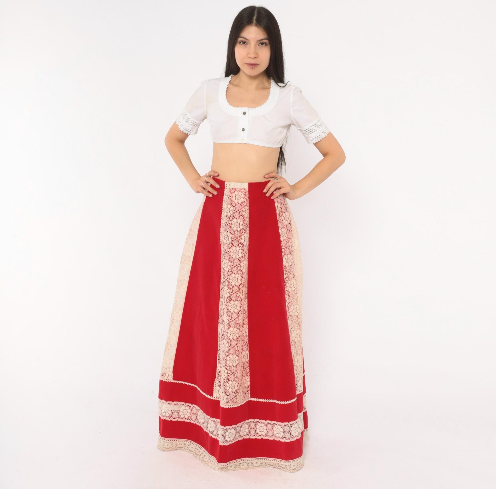 70s Red Velvet Maxi Skirt Cream Lace Panel A-Line Large L