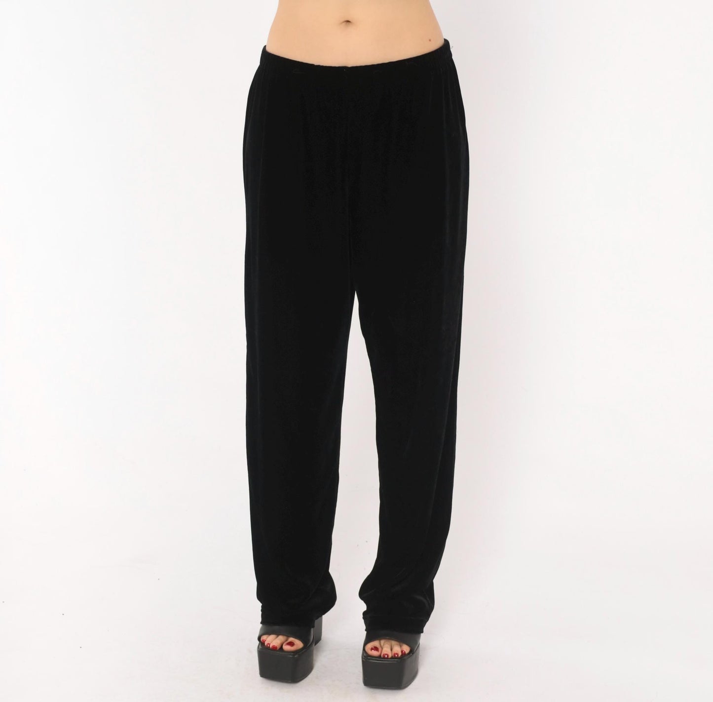 90s Black Velvet Pants Straight Leg Sheri Martin Elastic Waist Medium