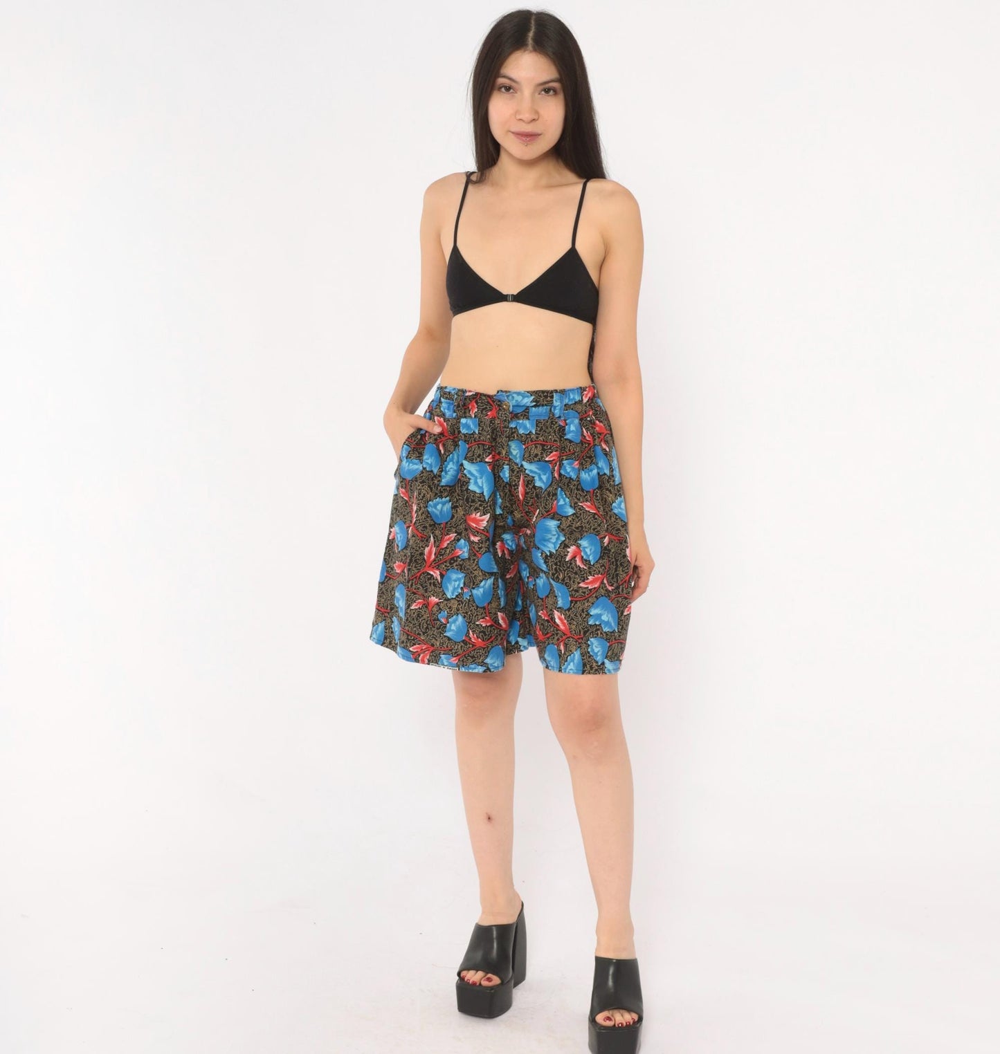 90s Blue Tulip Floral High-Waist Shorts Cotton Pleated Small Medium