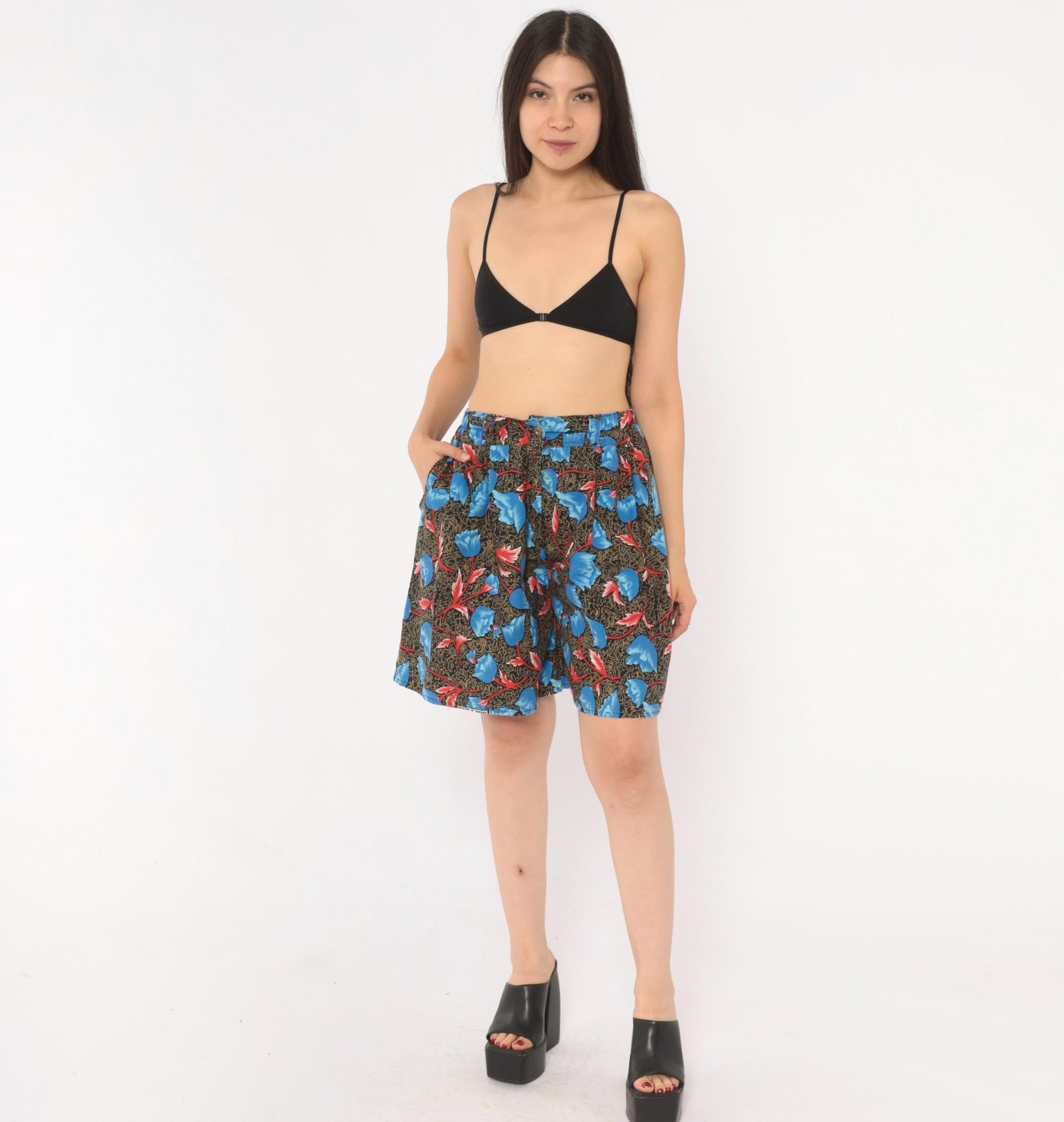 90s Blue Tulip Floral High-Waist Shorts Cotton Pleated Small Medium