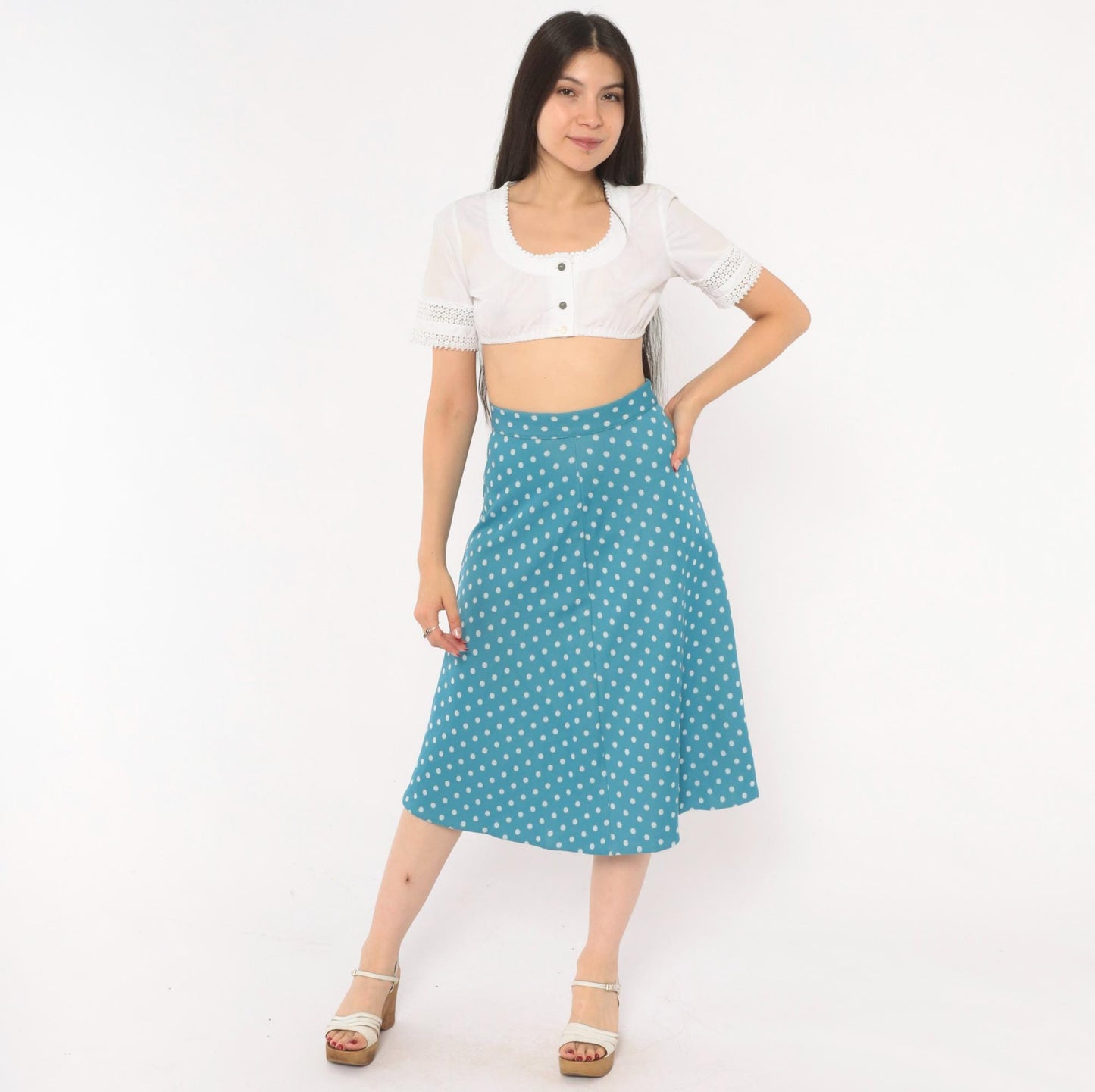 70s Teal Polka Dot A-Line Skirt White Spots Button Back Knee-Length Extra Small