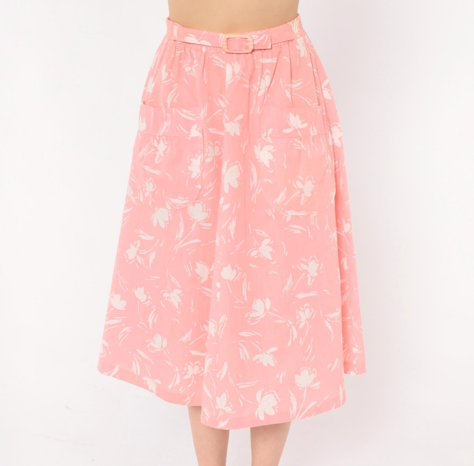 80s Ann Michele Pink Floral Midi Skirt White Tulip Print Small