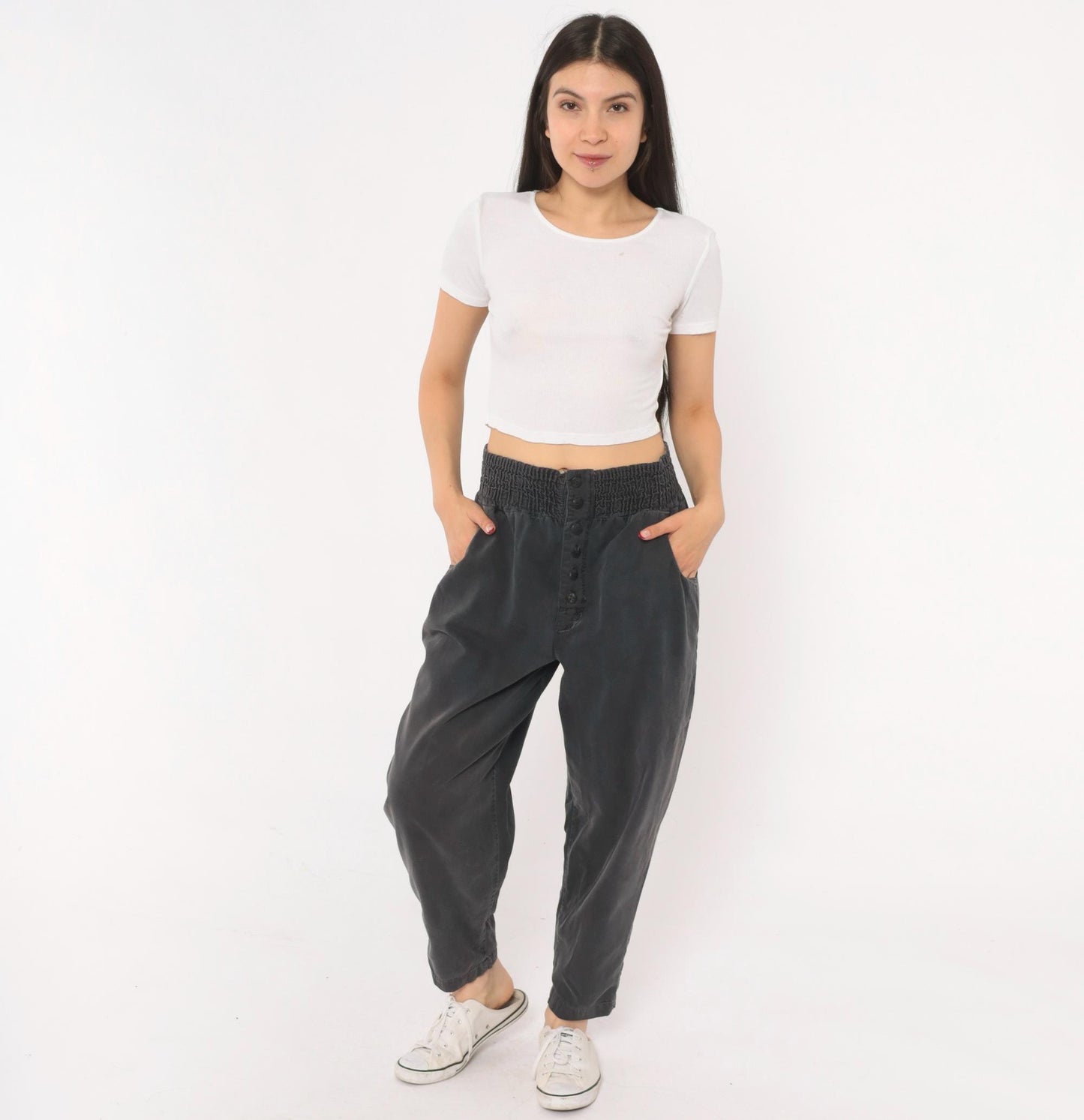 90s Smocked Waist Tapered Trouser Grey Cotton High Rise Button Fly Medium M