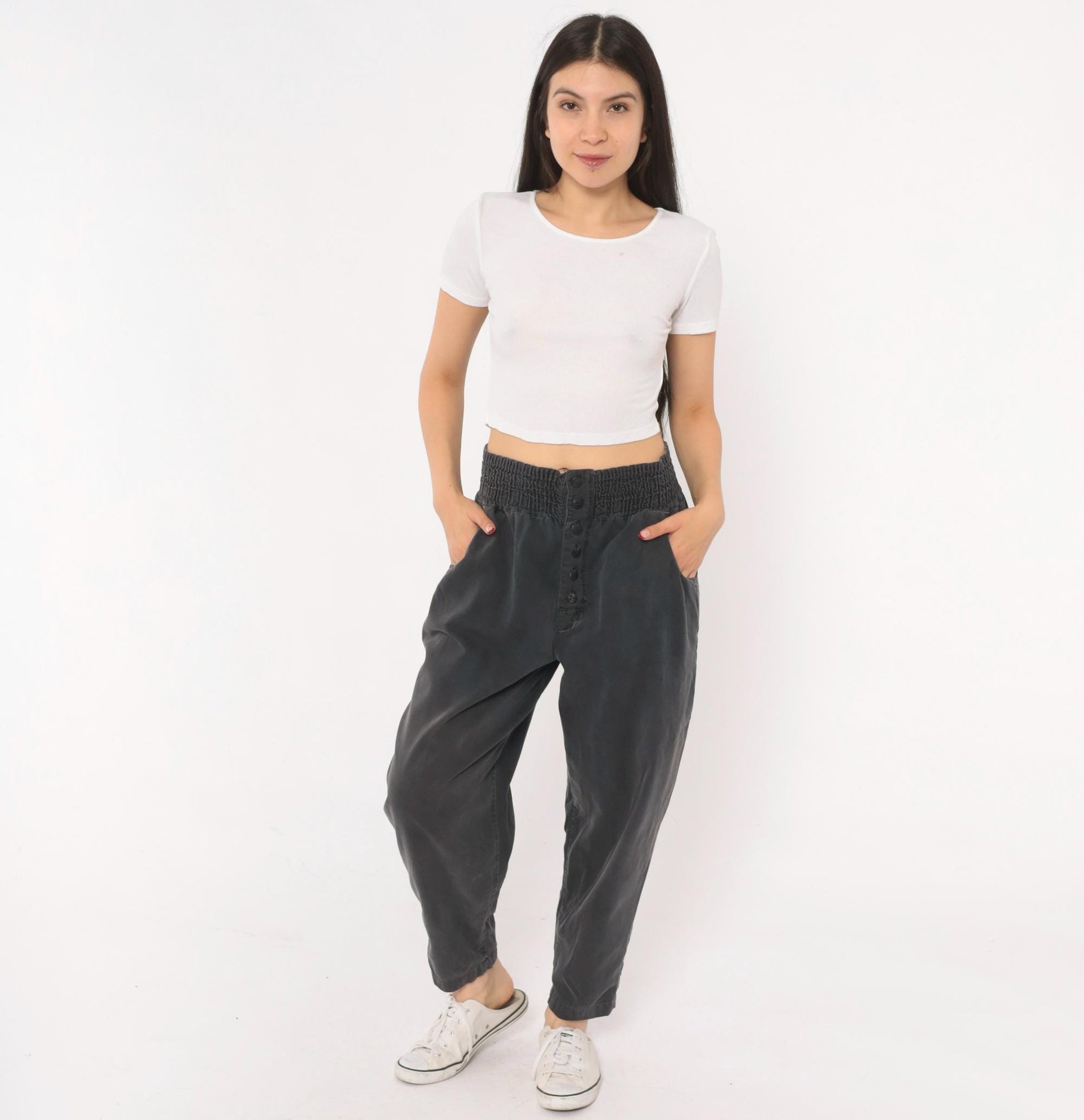 90s Smocked Waist Tapered Trouser Grey Cotton High Rise Button Fly Medium M