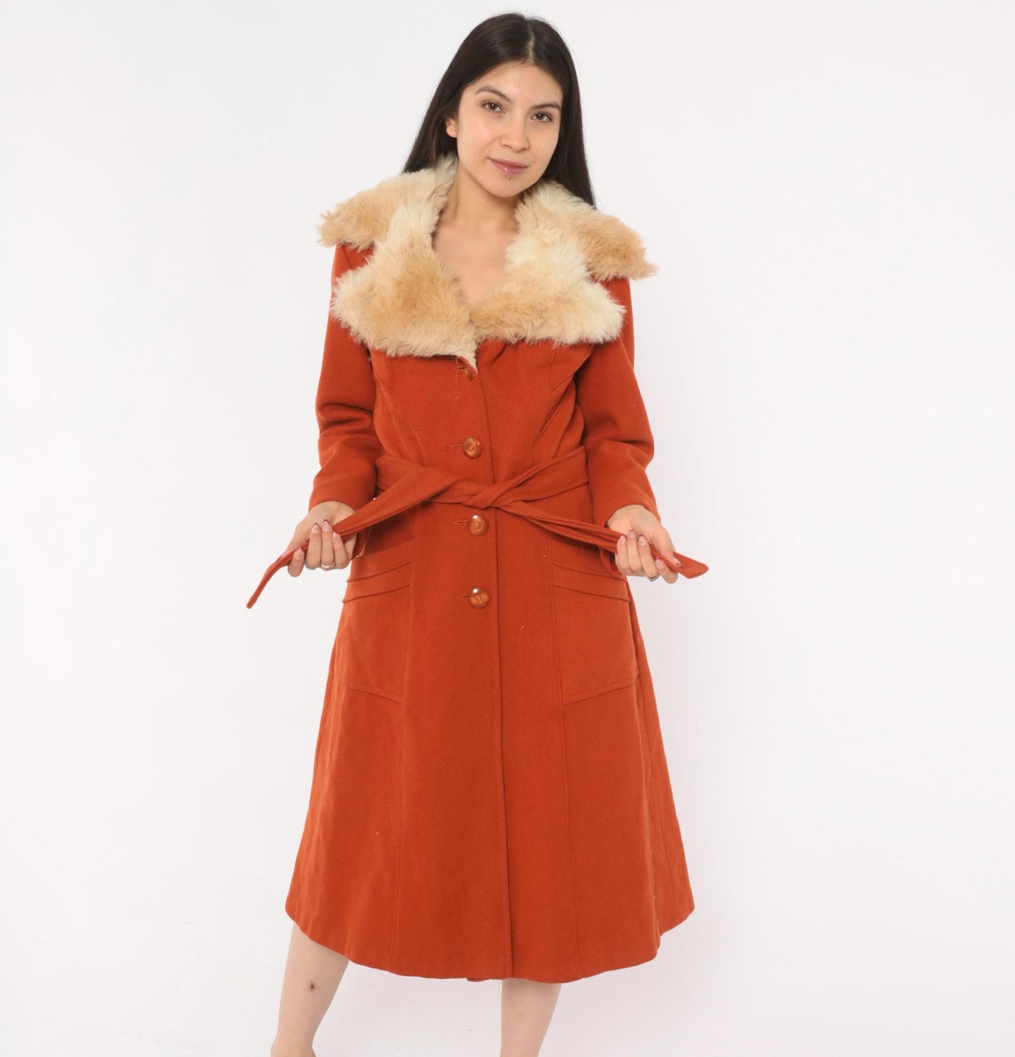 70s Burnt Orange Wool Coat Faux Fur Collar Belted Knee-Length Small