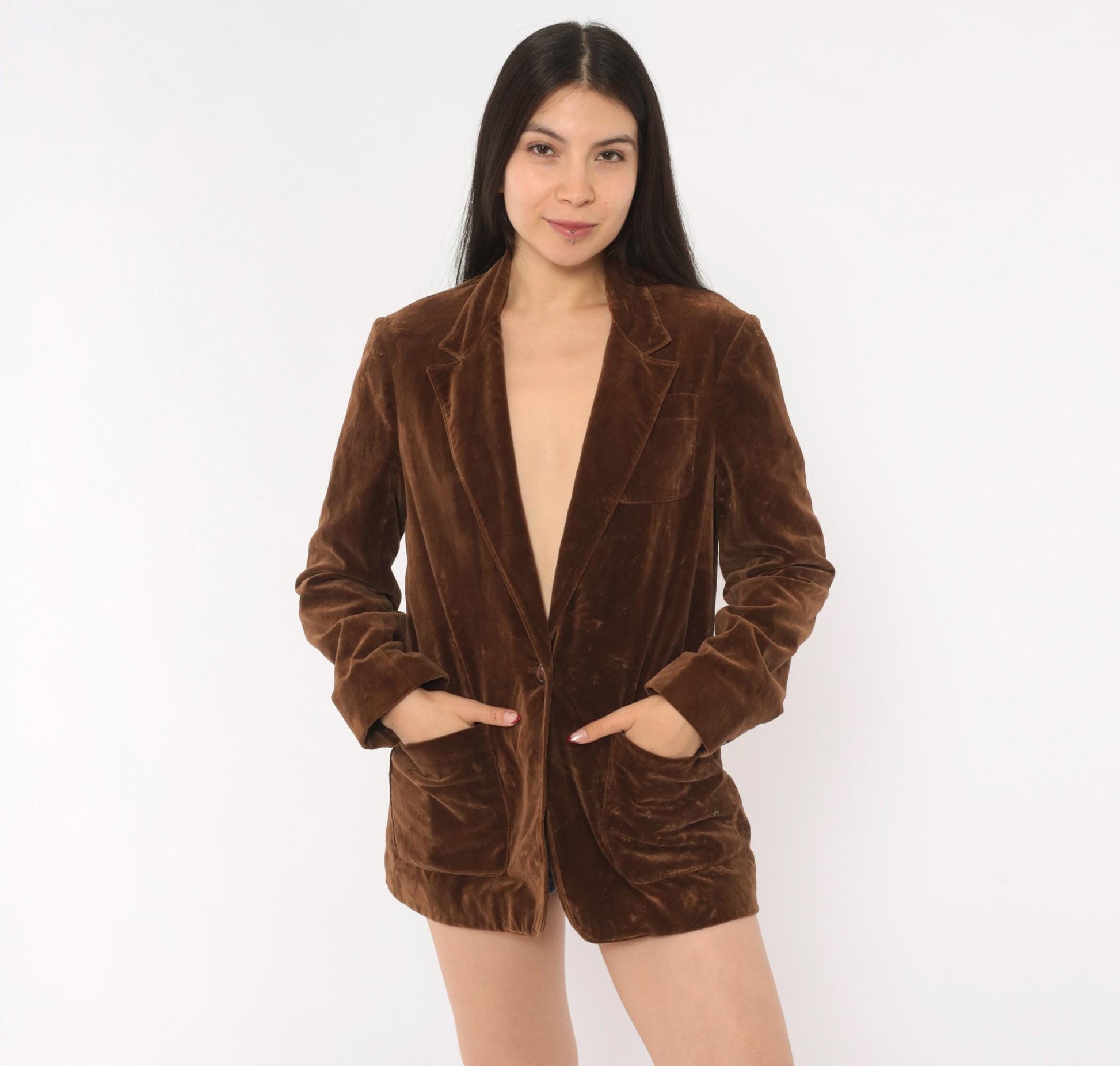 70s Swallowfish Velvet Blazer Brown Single Button Notched Lapel Small