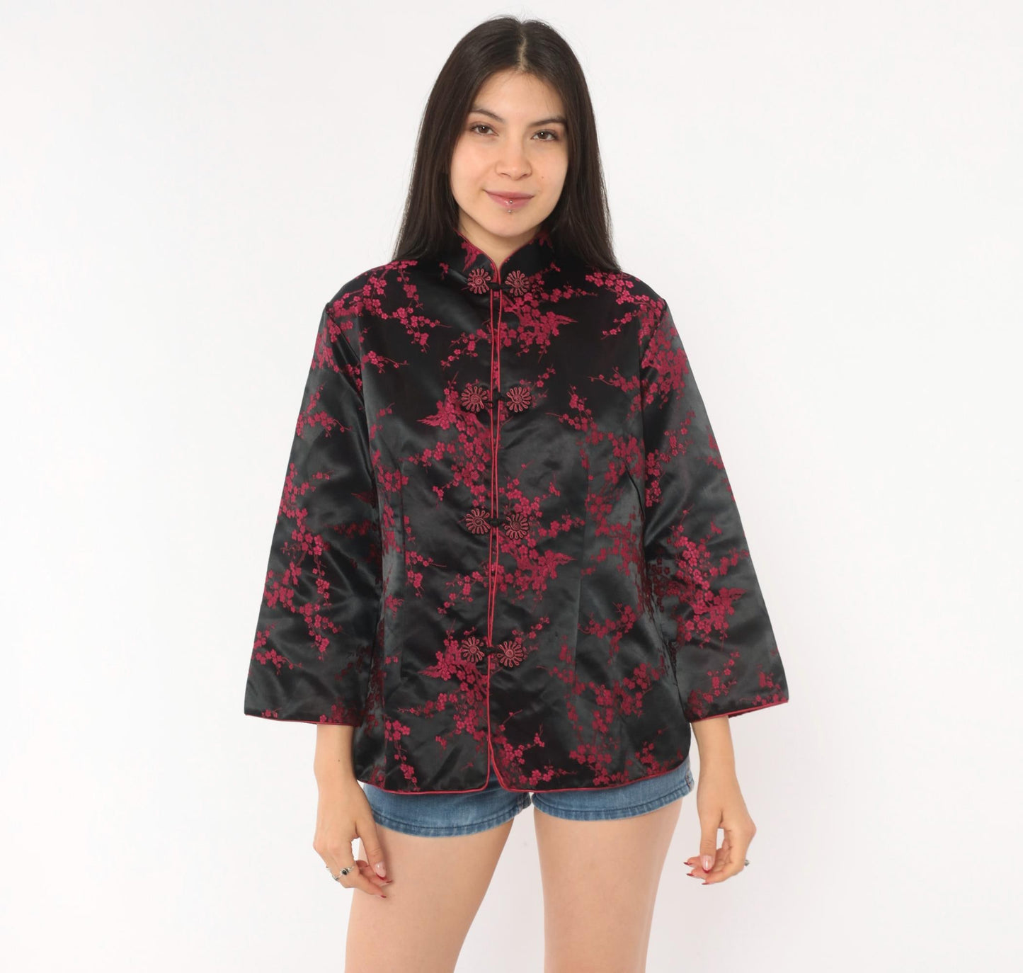 90s King Hu Black Brocade Jacket Cherry Blossom Mandarin Collar Large L