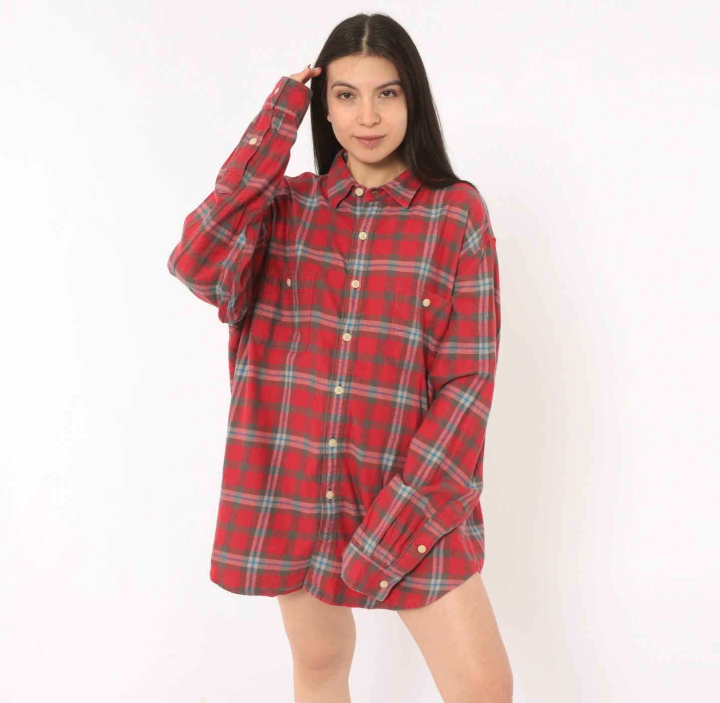 2000s J.Crew Red Plaid Flannel Button-Up Shirt Cotton Grey Blue Check Extra Large XL