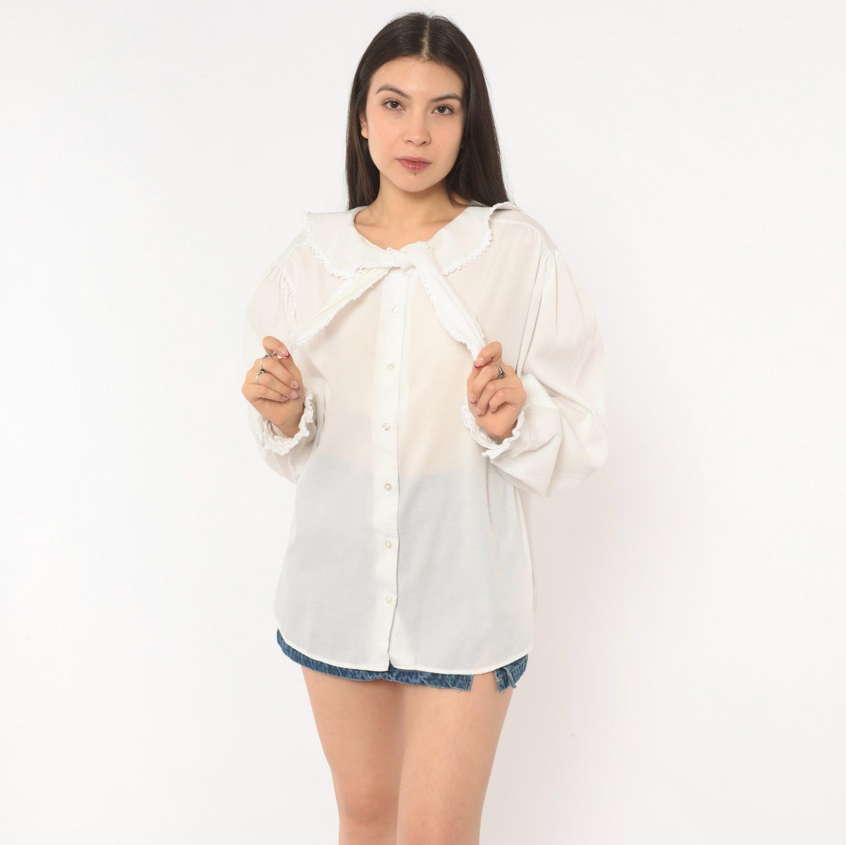 70s Lady Oak Hill White Bow Collar Blouse Puff Sleeve Lace Trim Extra Large XL