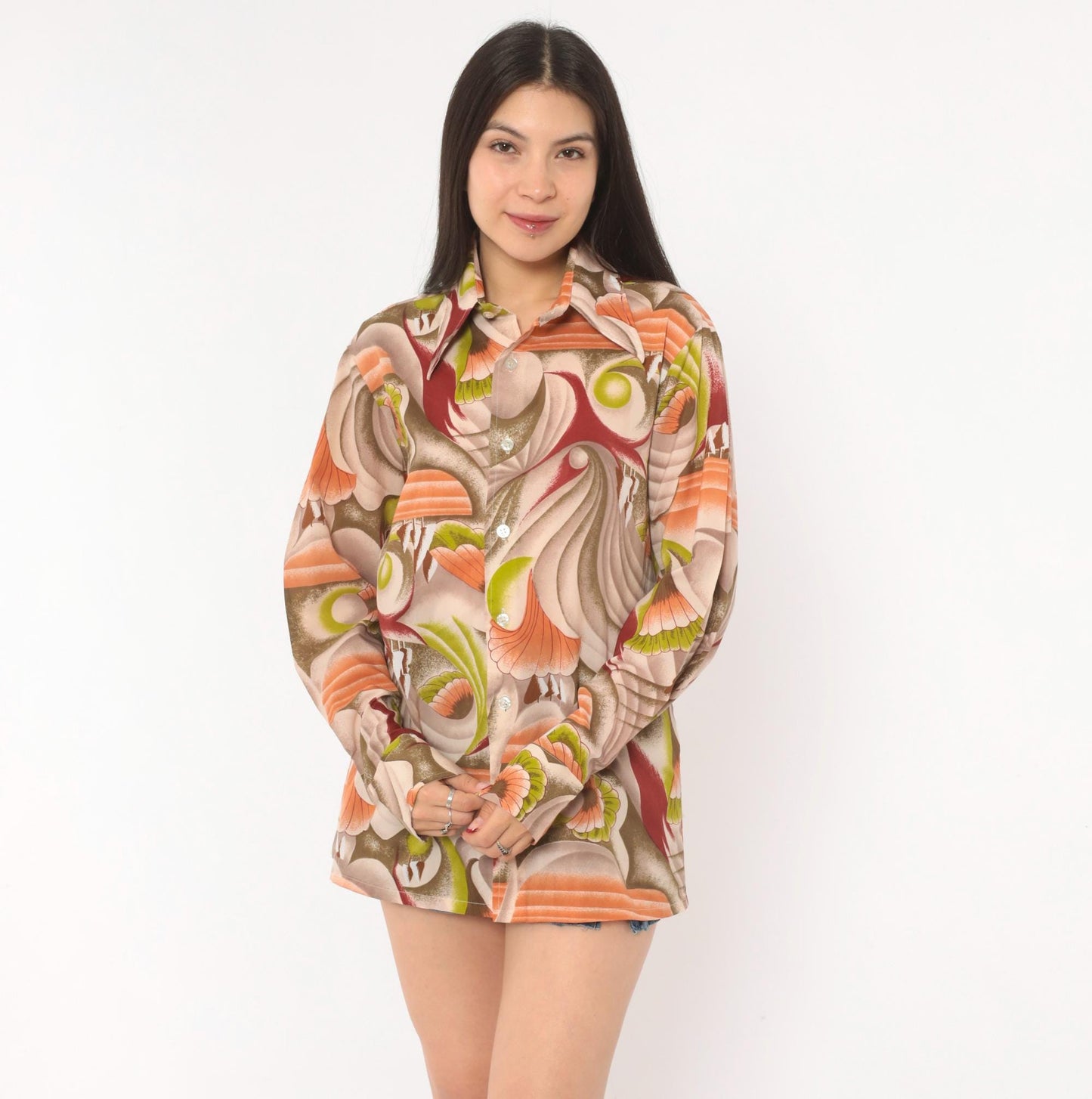 70s Landmark Button Front Shirt Psychedelic Swirl Print Olive Burgundy Medium