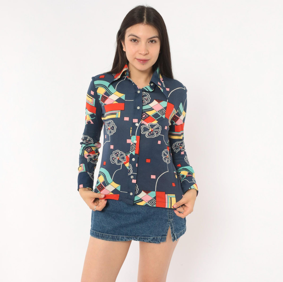 70s Panther Navy Geometric Floral Button Front Blouse Long Sleeve Small