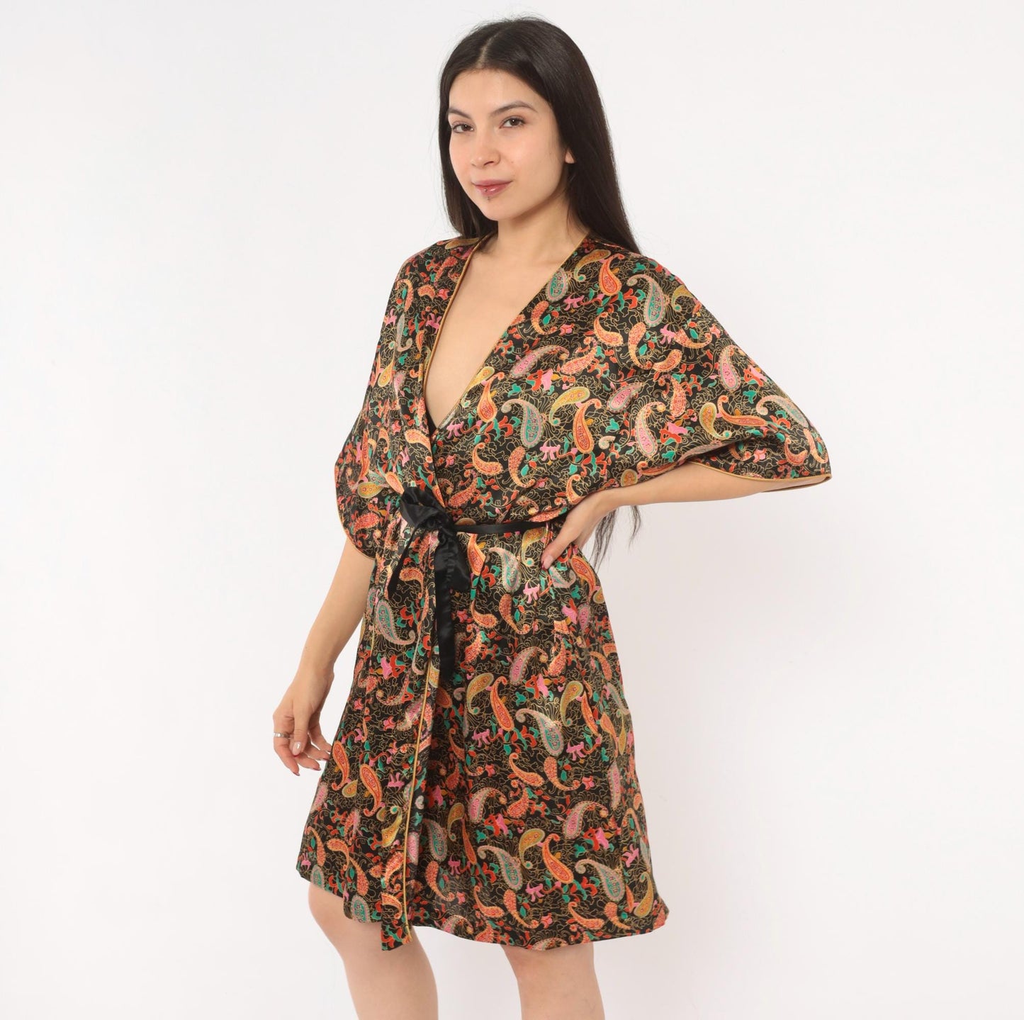 90s Barbizon Paisley Kimono Robe Wrap Front Tie Belt Black Gold Teal Pink Small