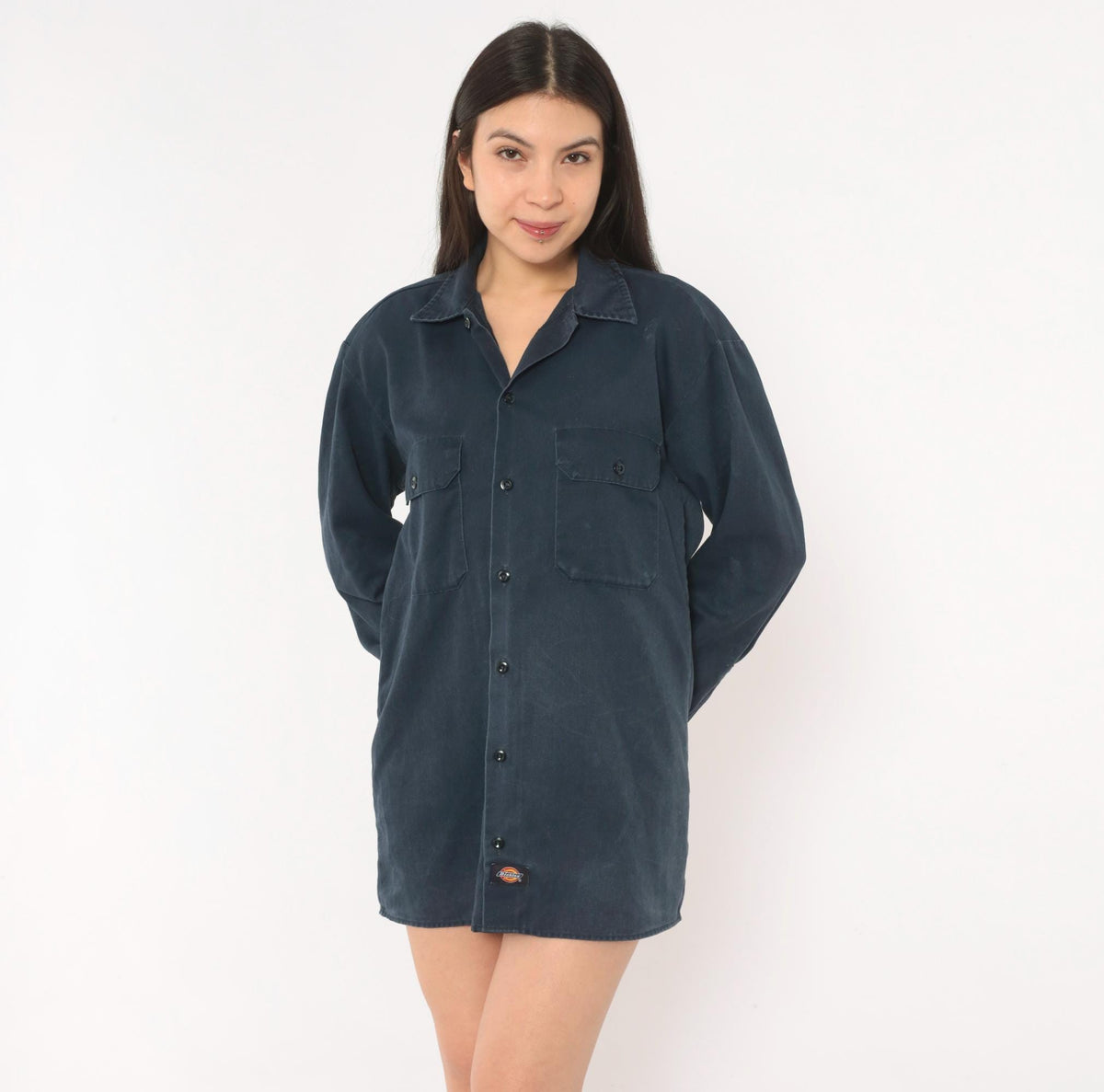 2000s Dickies Navy Work Shirt Button Front Camp Collar Small S