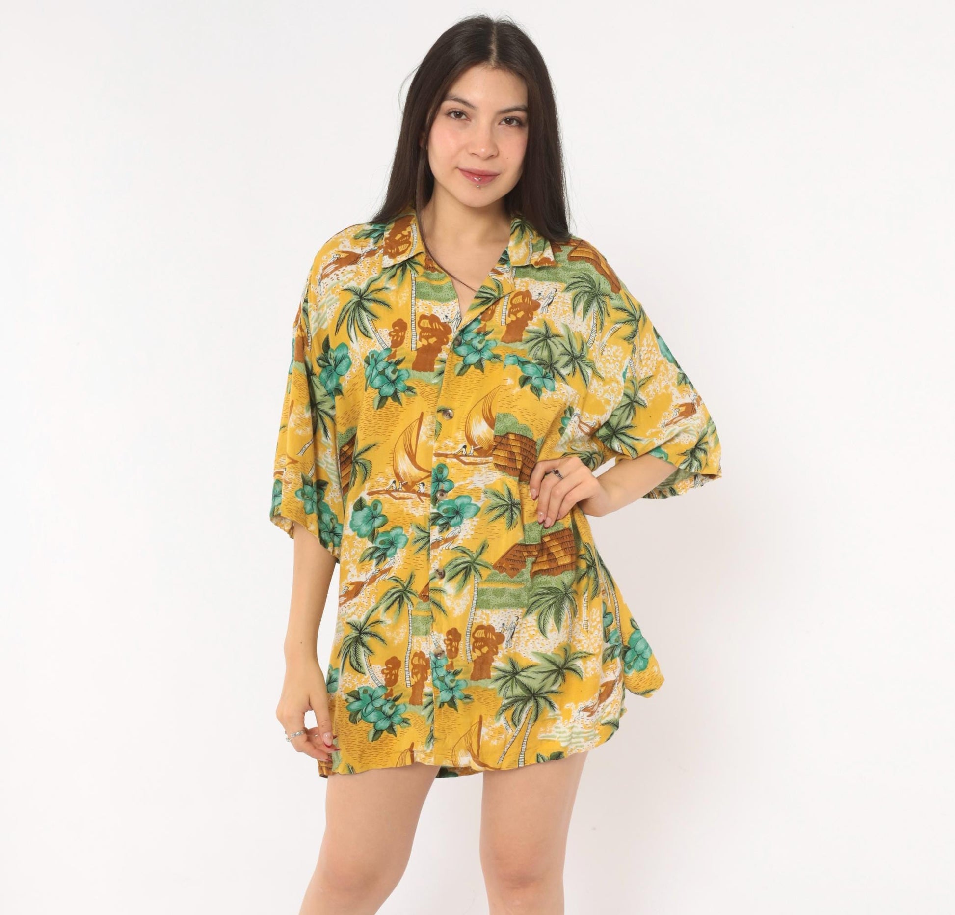 2000s Bullseye Hawaiian Camp Collar Shirt Yellow Tropical Scenic Large L