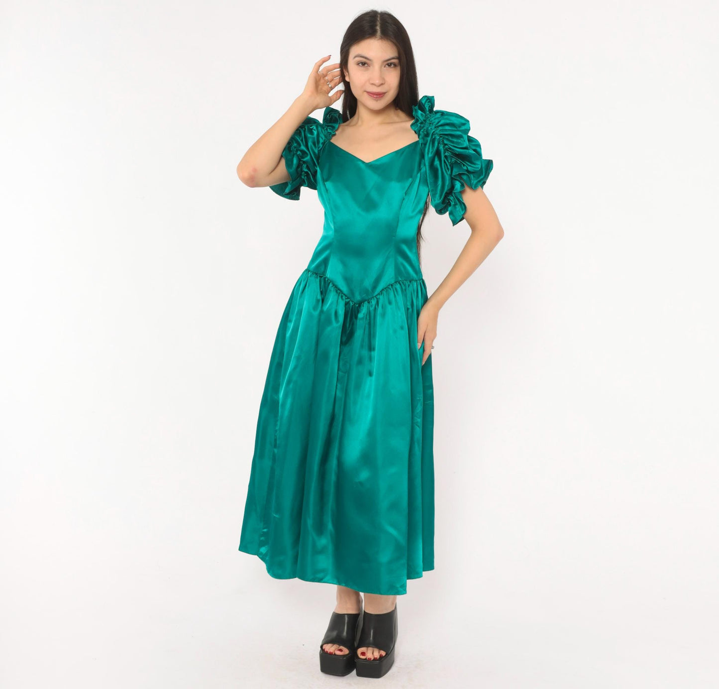 80s Teal Satin Gown Sweetheart Neckline Puff Sleeve Drop Waist Small