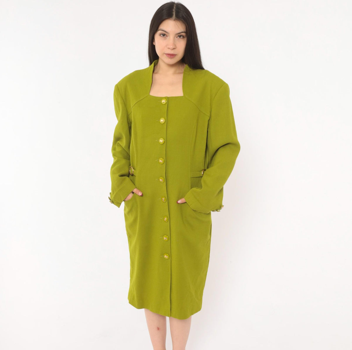 80s Lauren Taylor Wool Coat Dress Olive Green Gold Buttons Power Dressing Large L