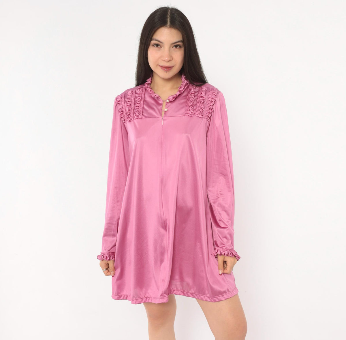 80s Vanity Fair Mauve Romper Ruffled Yoke Pearl Button Loungewear Large L