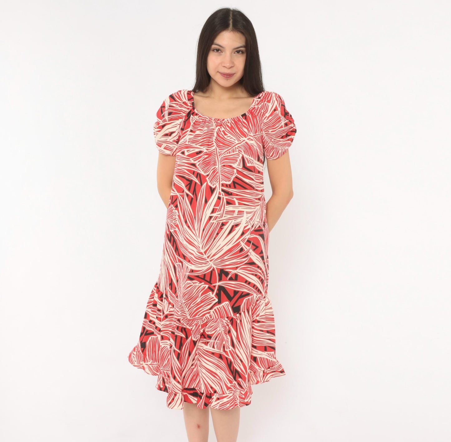 80s Me-Too Tropical Leaf Print Dress Red White Puff Sleeve Knee-Length XS