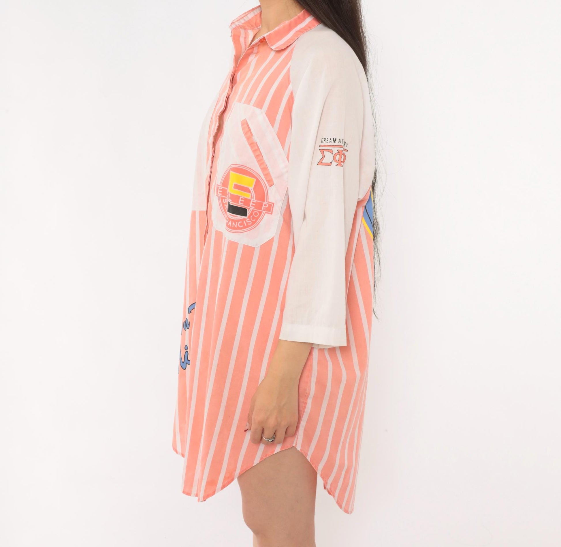 90s Esleep Pink Striped Sleep Shirt Knee-Length Raglan Nightgown Small