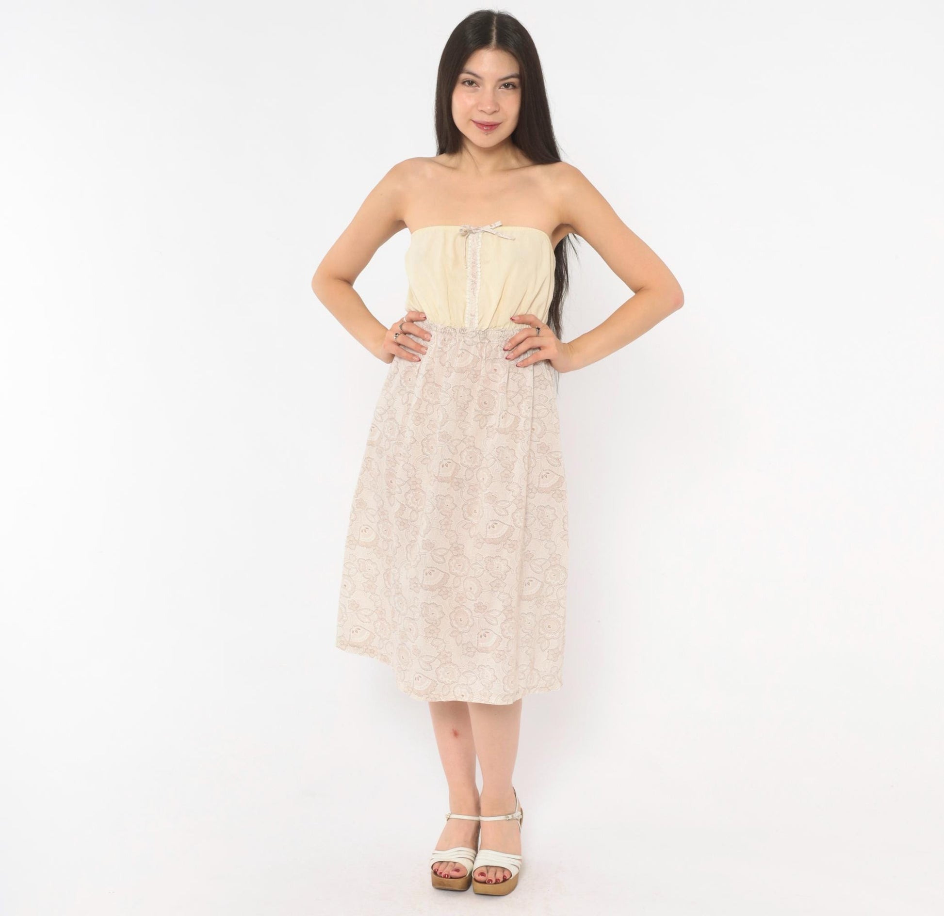 90s Cream Paisley Strapless Sundress Floral Print Lace Trim Small