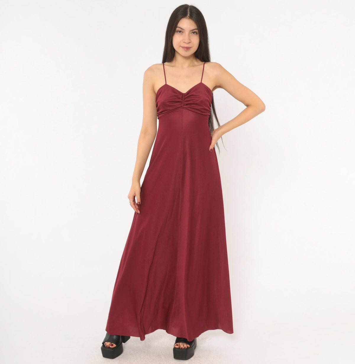 70s Burgundy Maxi Dress Sweetheart Neckline Empire Waist Spaghetti Strap Small