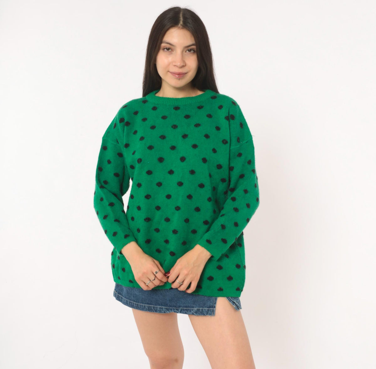 90s Perspective Polka Dot Wool Knit Sweater Emerald Green Medium M