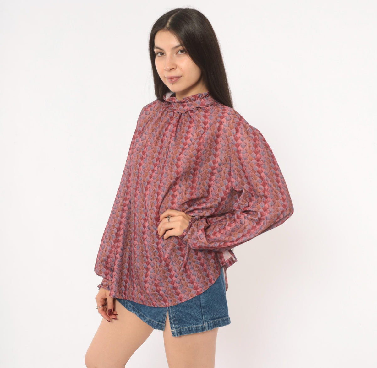 70s La Grande Petite Diamond Harlequin Blouse Ruffle Neck Puff Sleeve Dusty Rose Extra Large
