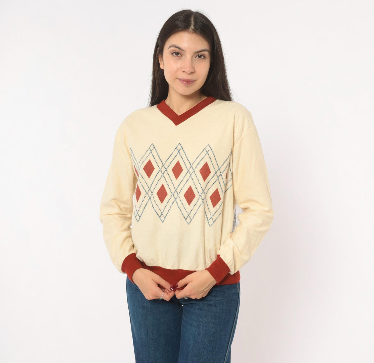 70s Windjammer Argyle V-Neck Pullover Sweatshirt Cream Burgundy Medium M