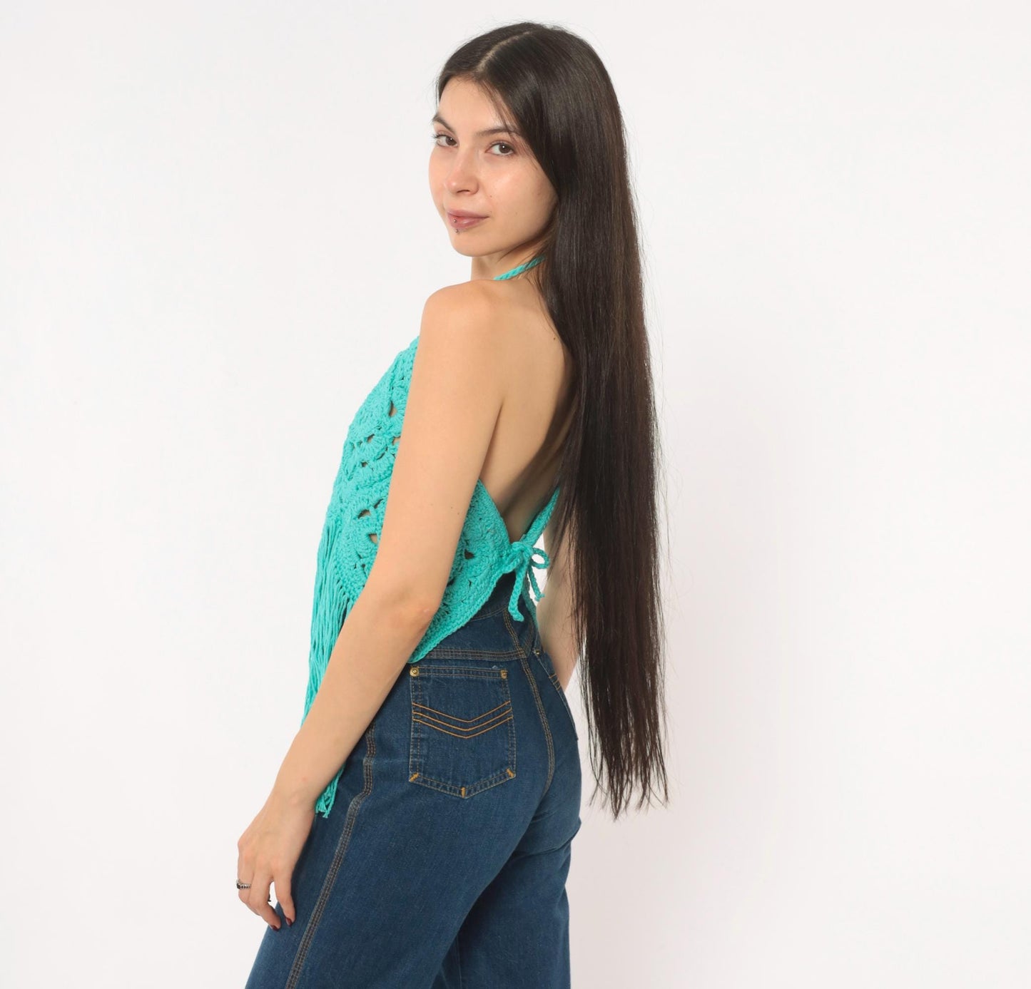 Y2K Teal Crochet Halter Top Granny Square Fringe Cotton Turquoise Small–Large