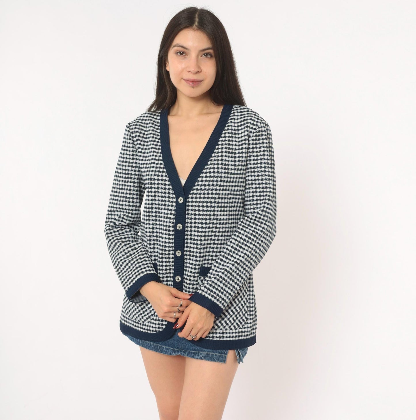 70s Jack Winter Houndstooth Cardigan Navy White Check Knit Medium M