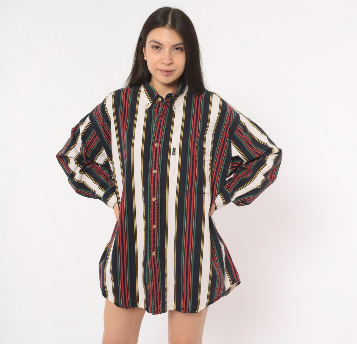 90s Izod Striped Button Down Shirt Navy Burgundy Green Gold Large L