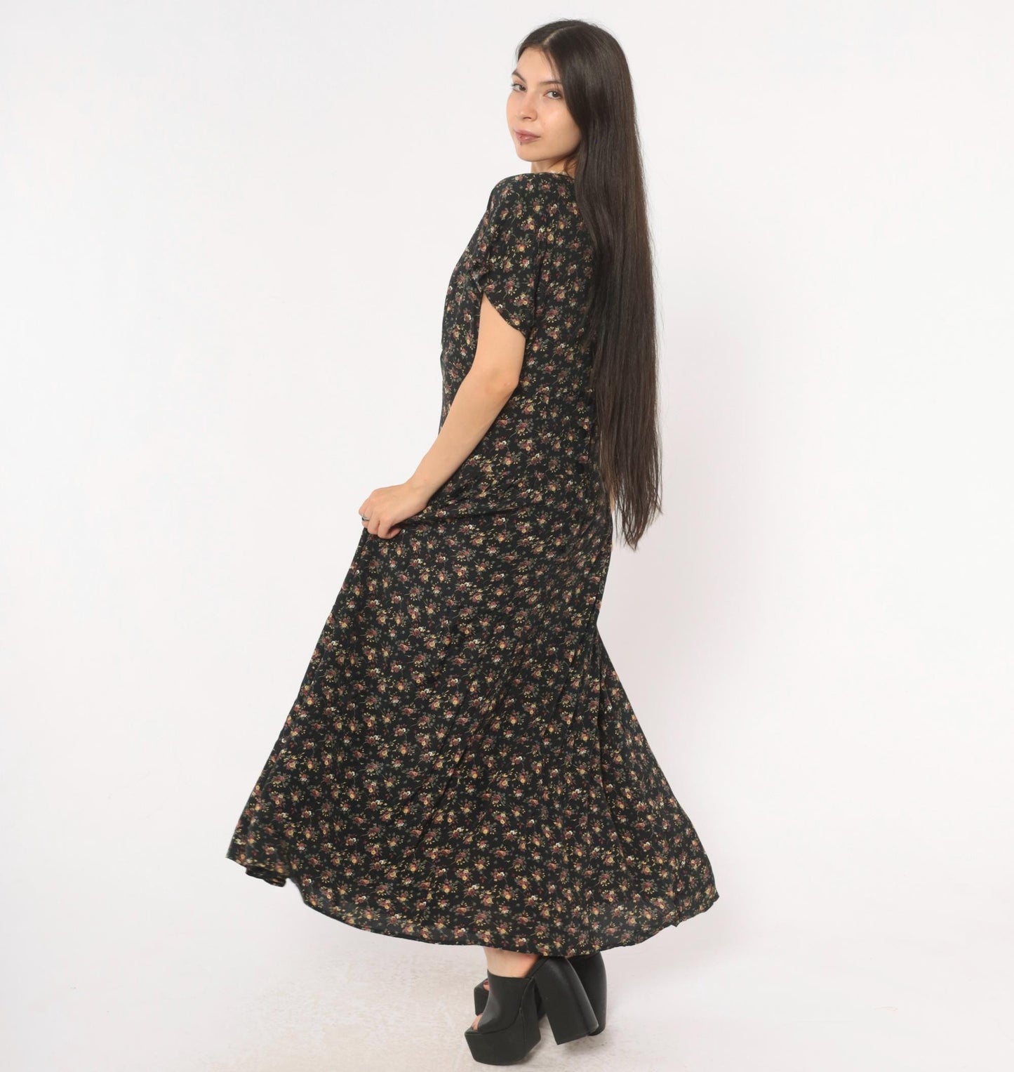 90s Ariana Black Floral Maxi Dress V-Neck Wrap Lace Trim Flutter Sleeve Large L